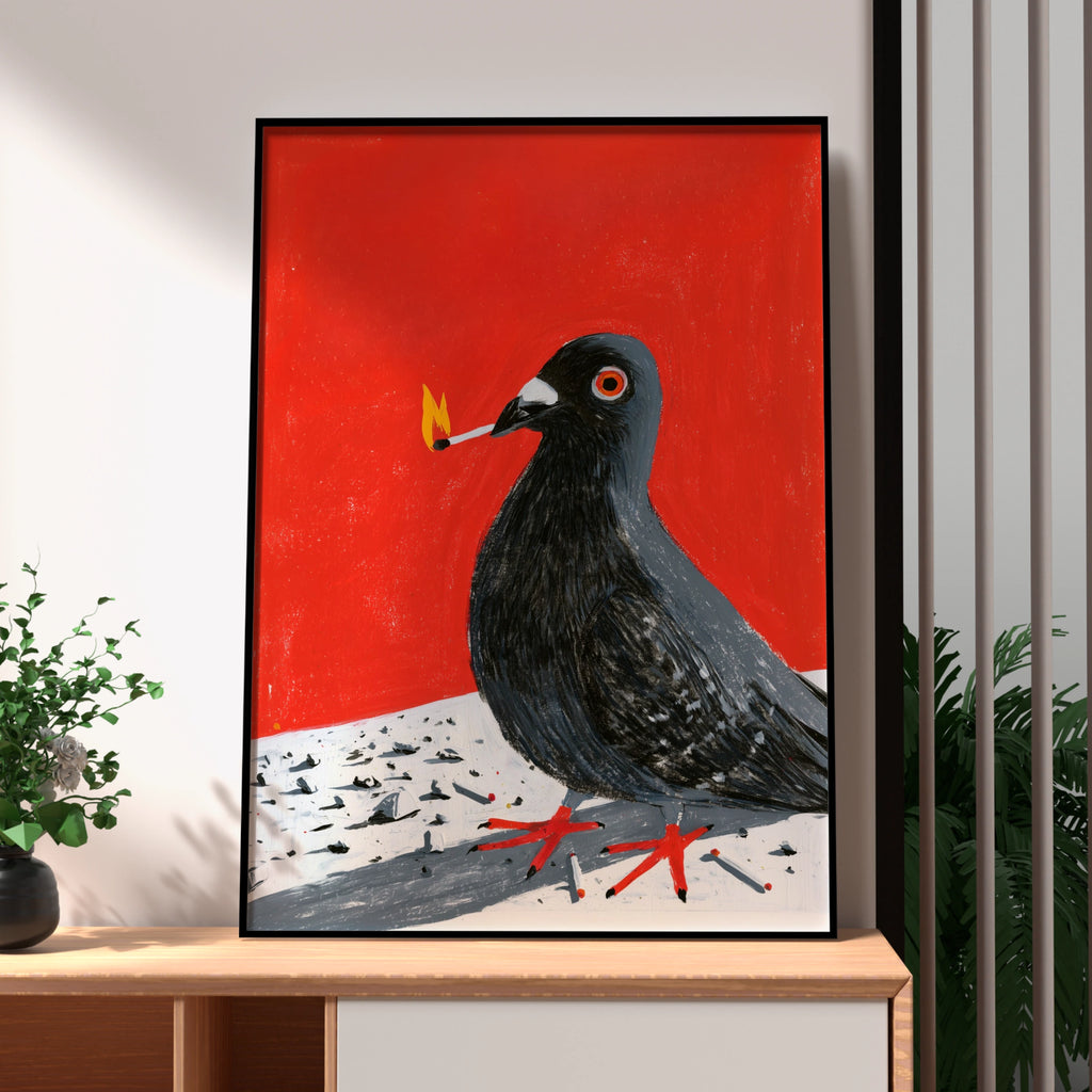 Pigeon with Match Poster, Bold Red Wall Art, Urban Bird Print