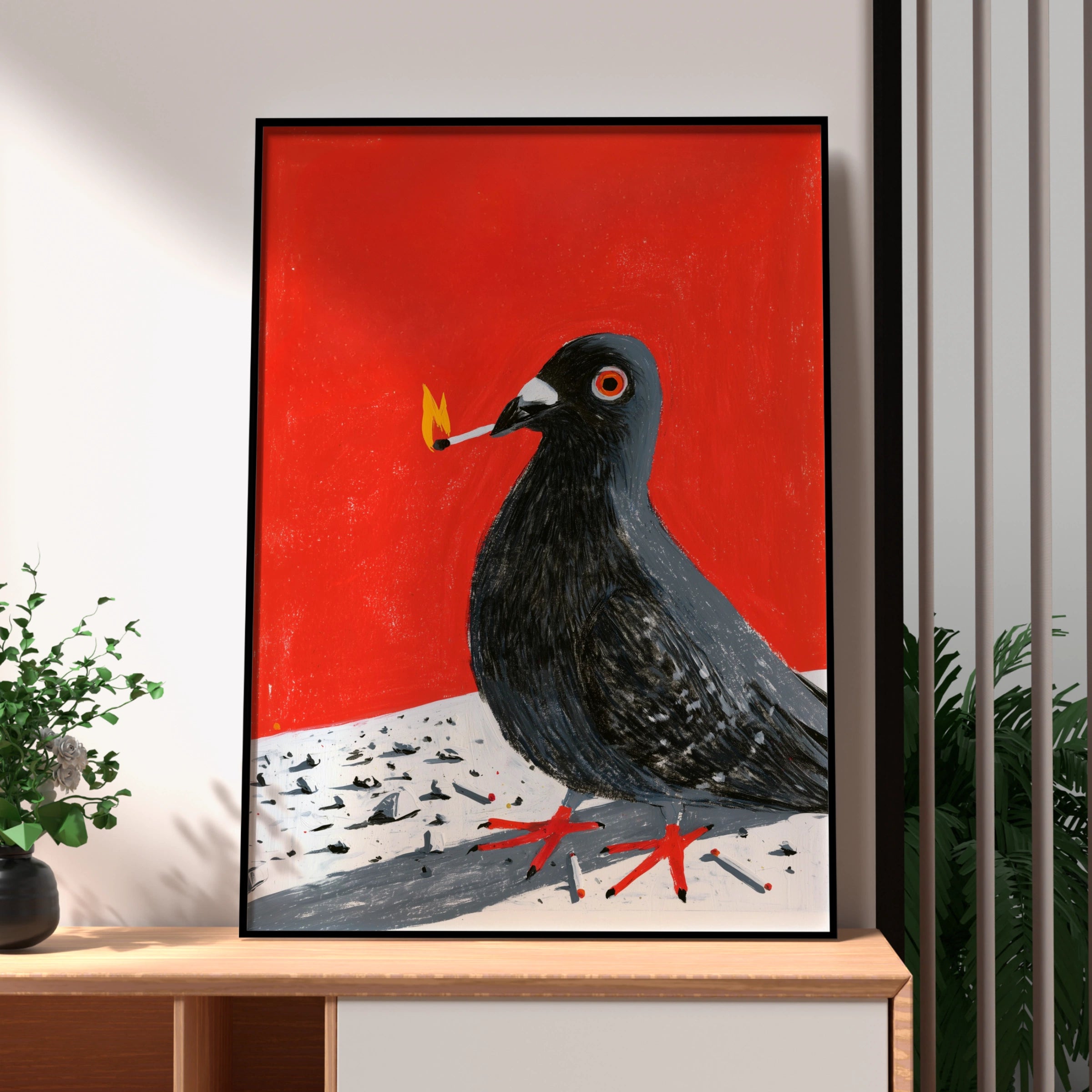 Pigeon with Match Poster, Bold Red Wall Art, Urban Bird Print