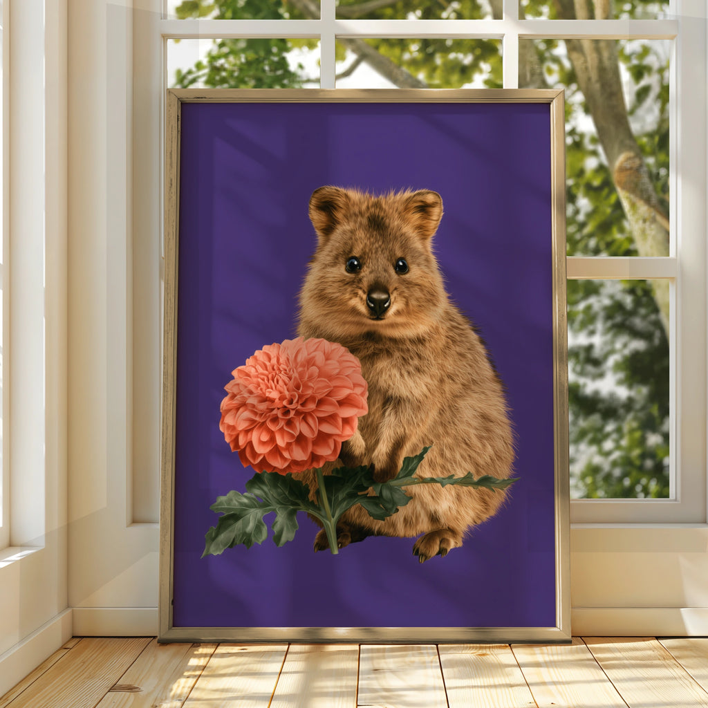 Quokka with Dahlia Flower Poster, Australian Animal Wall Art Print