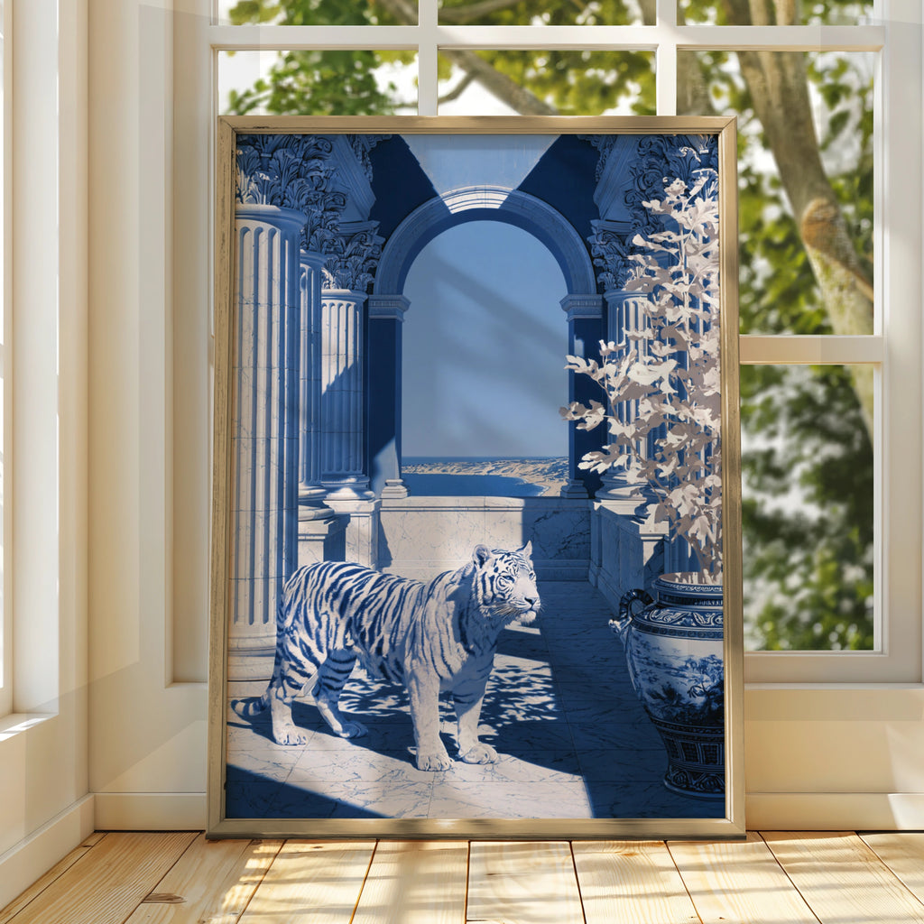 Tiger Classical Hall Poster, Porcelain Blue Architecture Wall Art Print