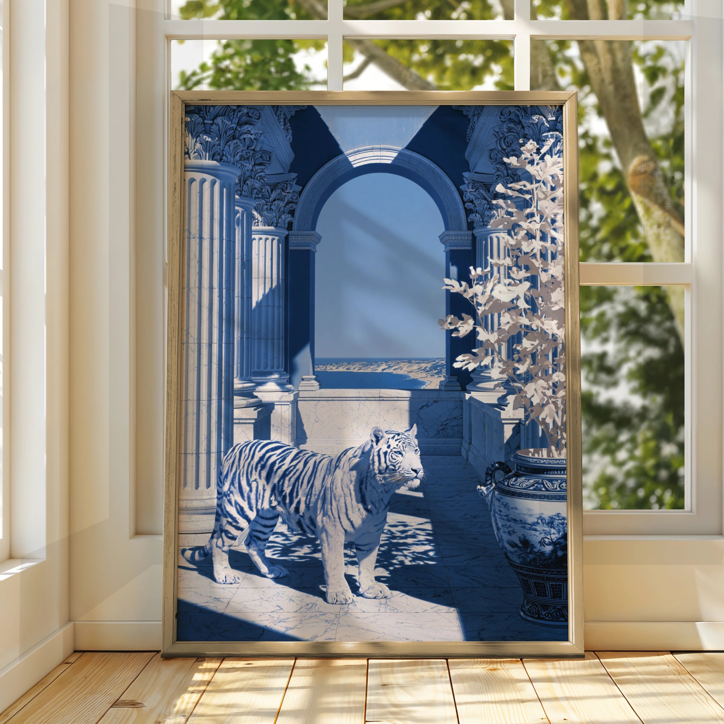 Tiger Classical Hall Poster, Porcelain Blue Architecture Wall Art Print
