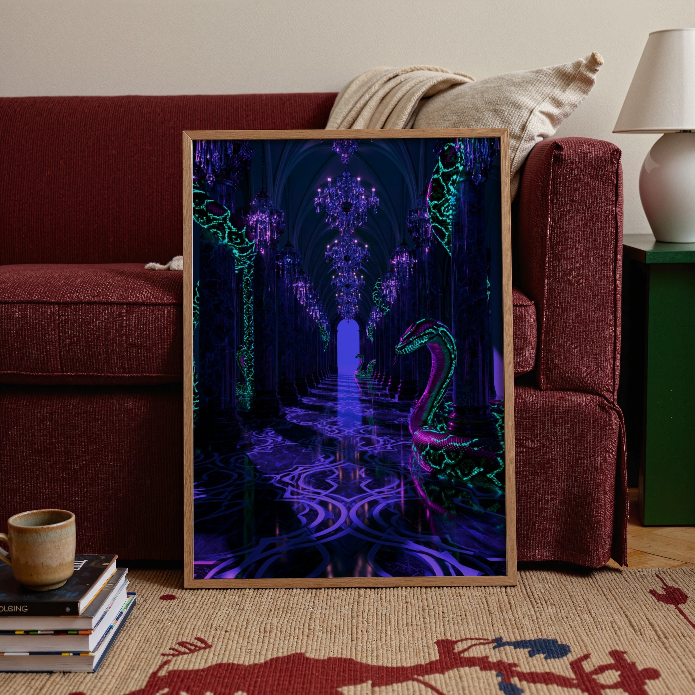 Neon Snake Gothic Hall Poster, Dark Fantasy Art Print, Purple Teal