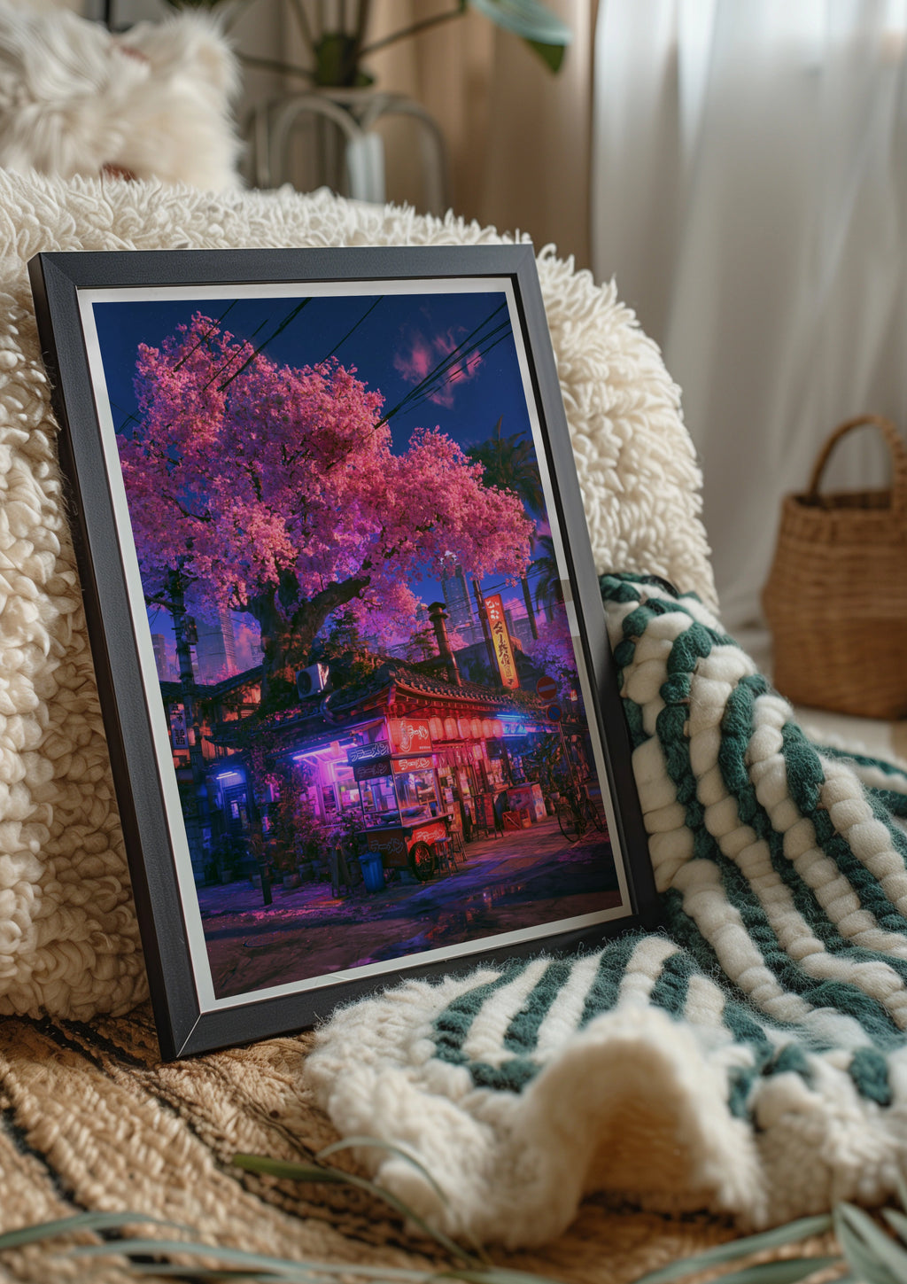 Japan Cherry Blossom Street Corner Poster, Neon Tokyo Night Art Print