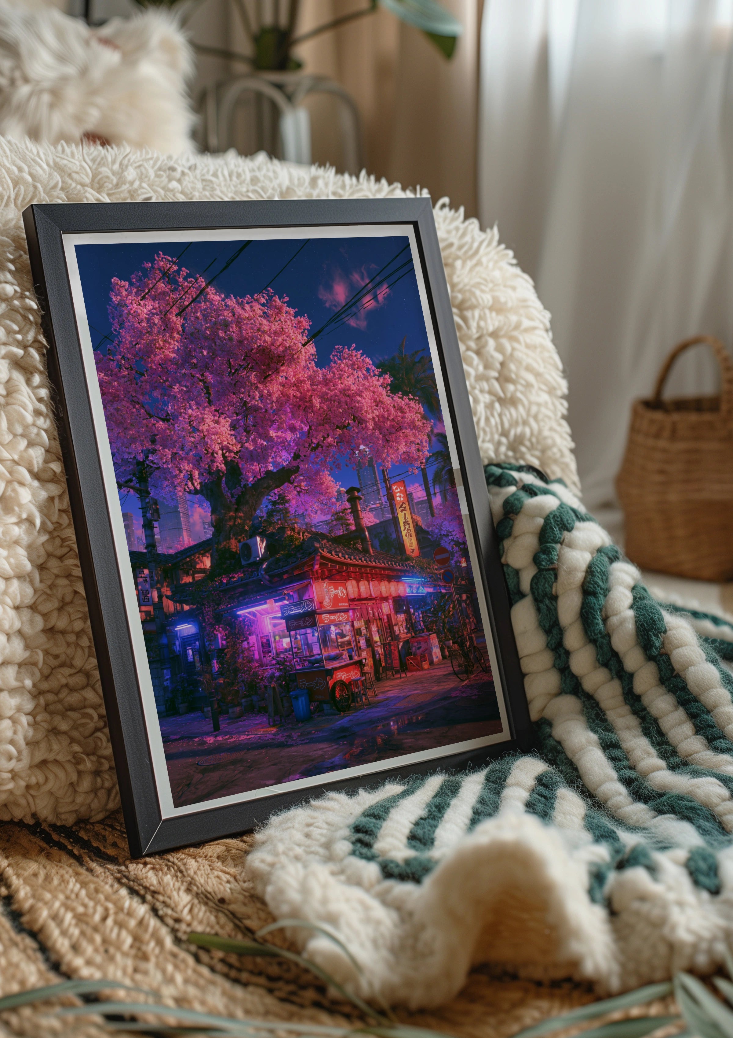 Japan Cherry Blossom Street Corner Poster, Neon Tokyo Night Art Print