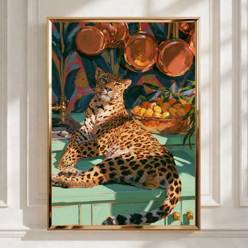 Jaguar in Kitchen Poster, Leopard Wall Art, Copper Pans, Maximalist Print