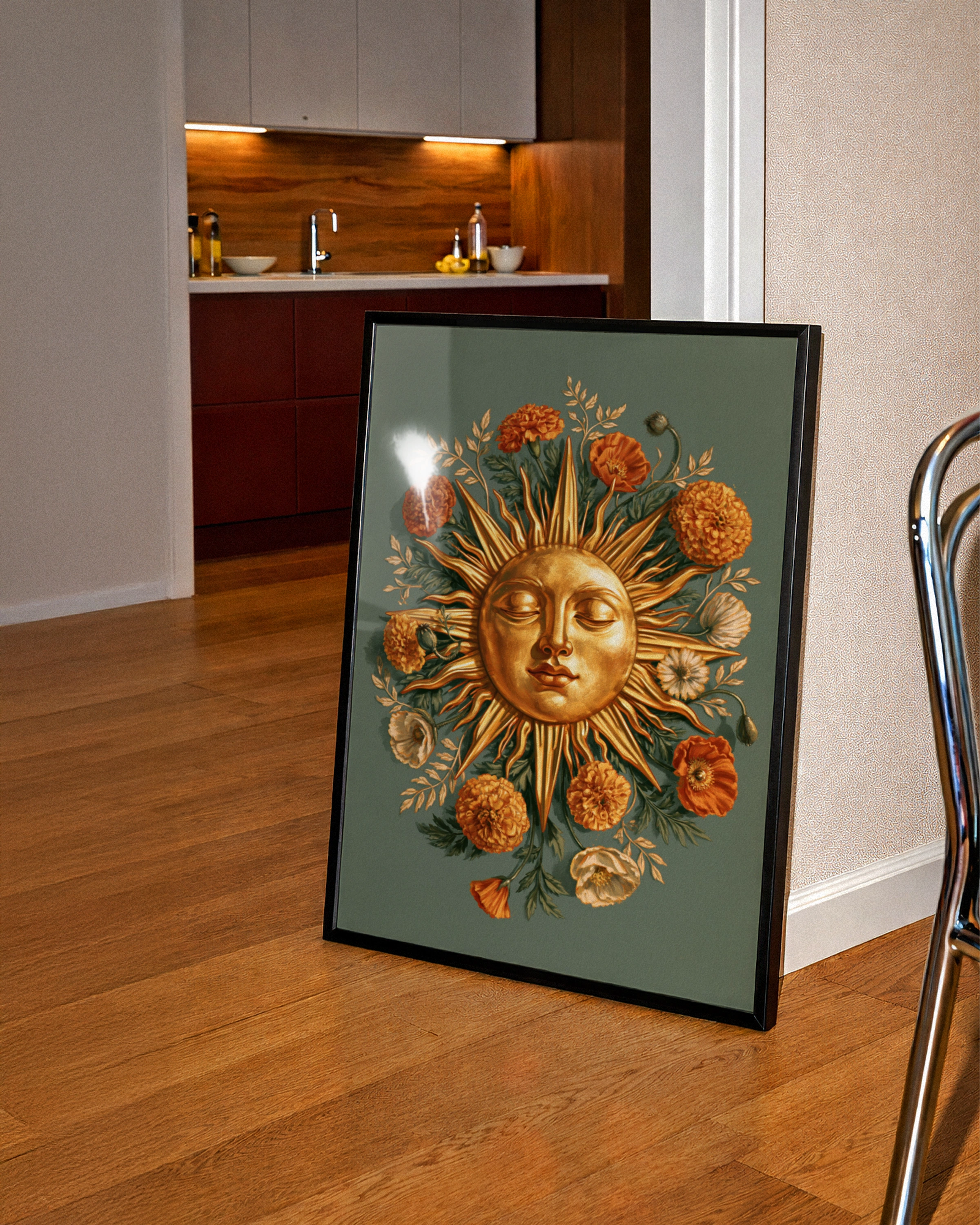 Golden Sun Face Floral Poster, Marigold Botanical Wall Art, Celestial Print