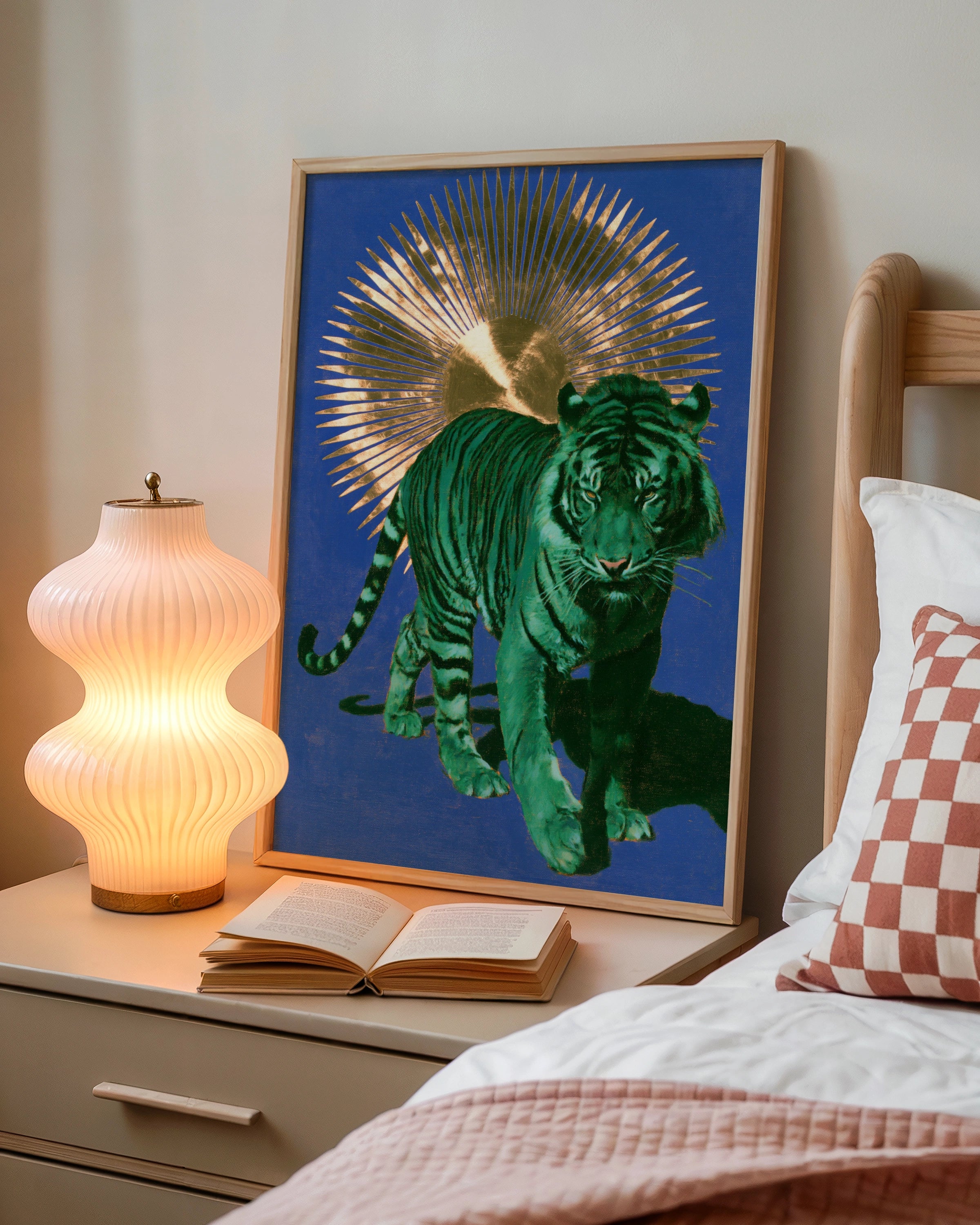 Green Tiger Gold Sun Poster, Bold Animal Wall Art, Blue Maximalist Print