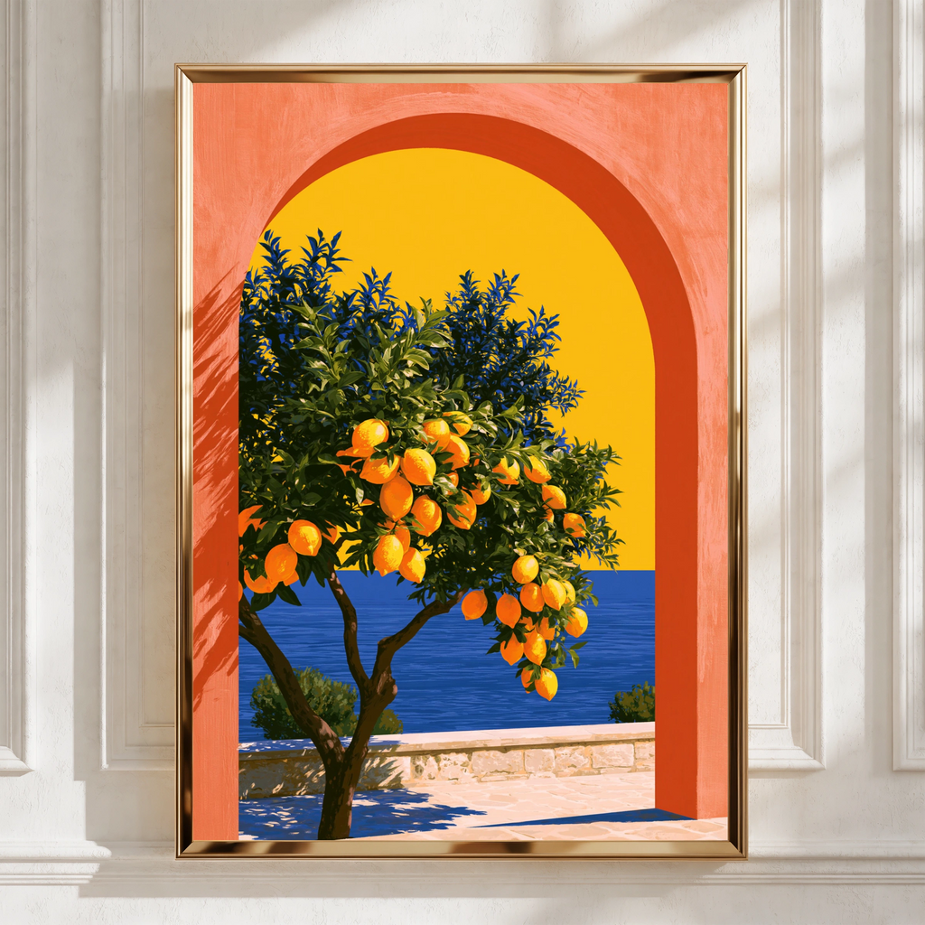 Lemon Tree Terracotta Arch Poster, Mediterranean Sea Wall Art Print