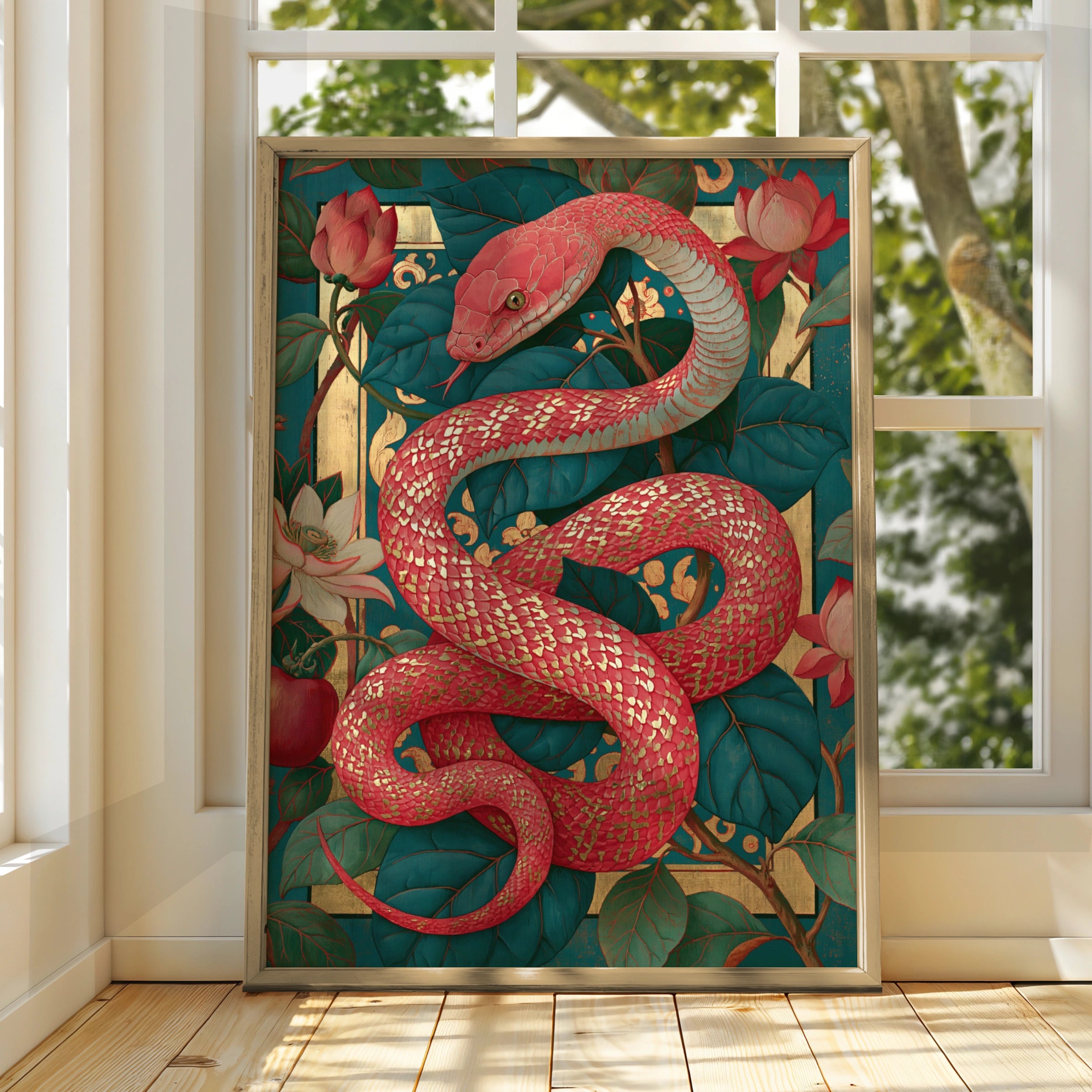 Red Snake Botanical Wall Art Poster, Gold Floral Teal Art Nouveau Print