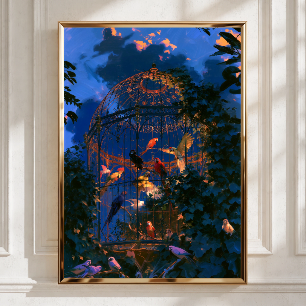 Aviary Parrots Poster, Ornate Birdcage Art Print, Dramatic Twilight Sky