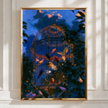 Aviary Parrots Poster, Ornate Birdcage Art Print, Dramatic Twilight Sky