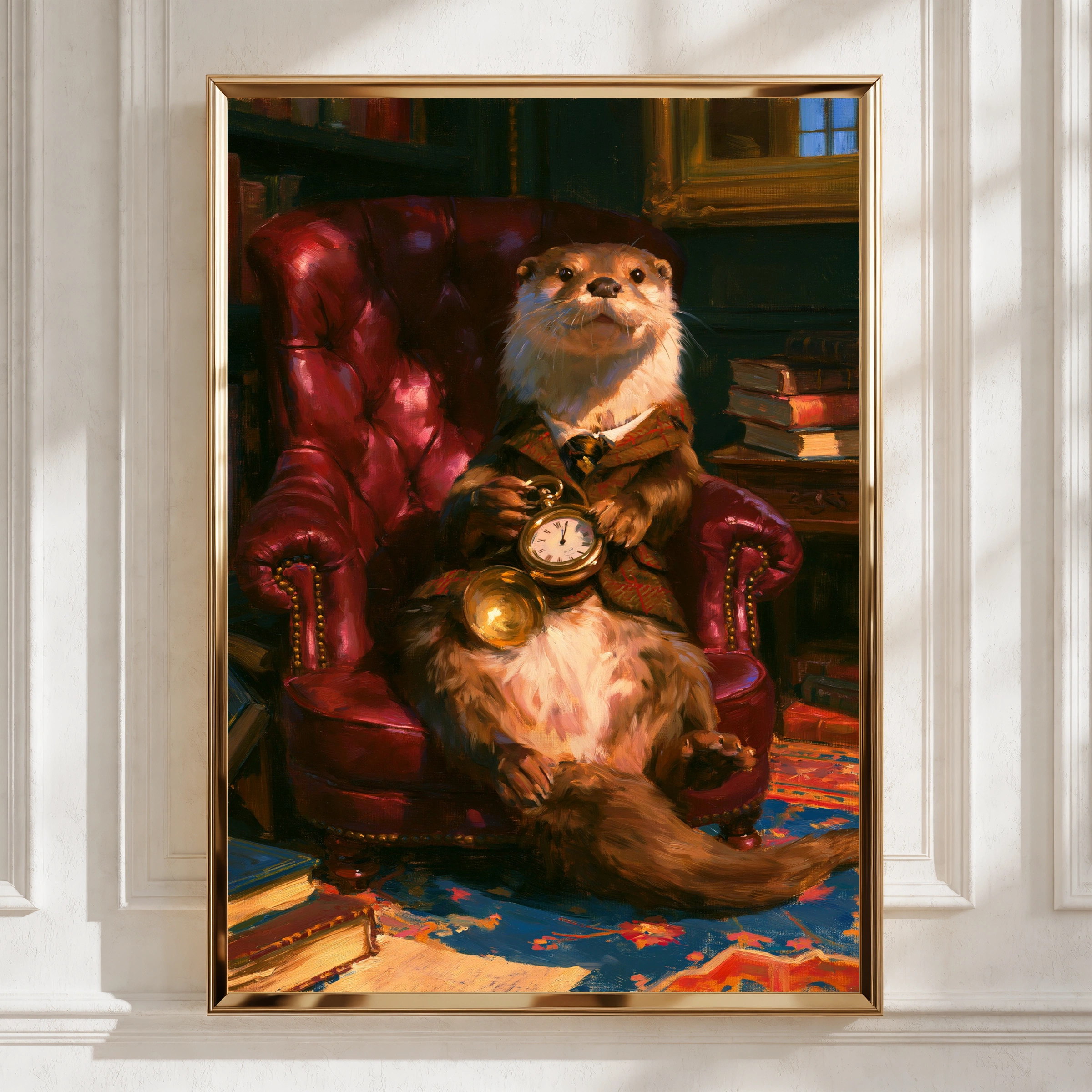 Dapper Otter Portrait Poster, Pocket Watch Library Armchair, Oil Painting Style