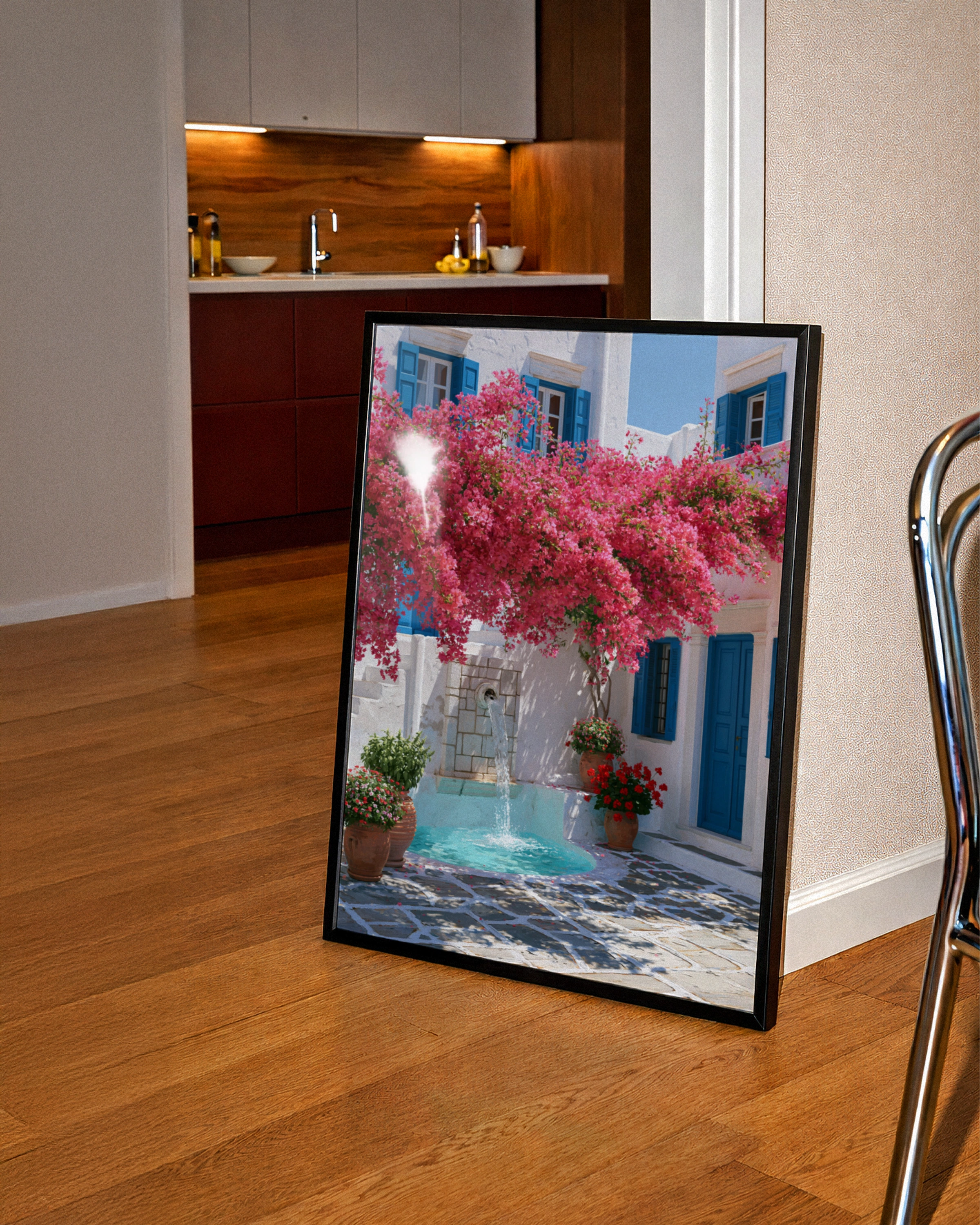 Greek Courtyard Fountain Bougainvillea Poster, Mediterranean Wall Art Print