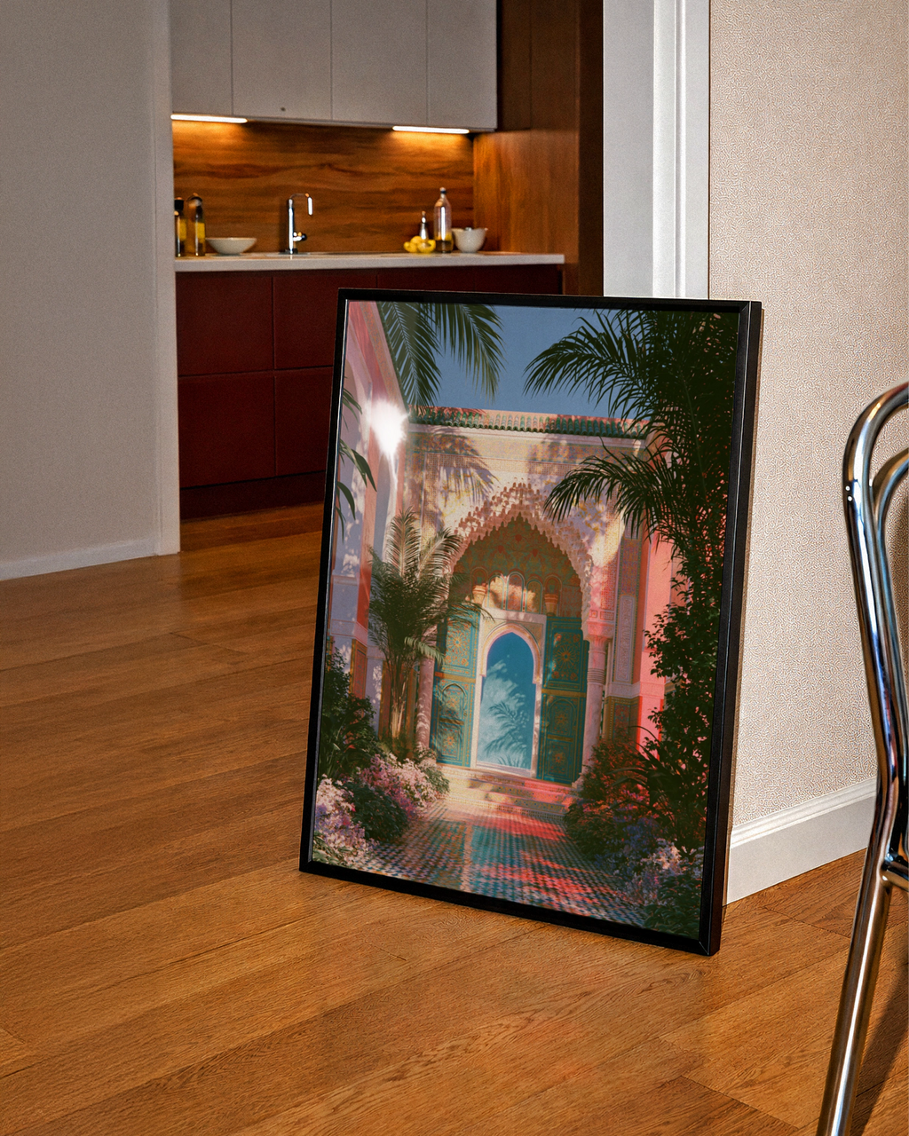 Moroccan Courtyard Tiles Art Print, Marrakech Arch Poster, Boho Travel Wall Art
