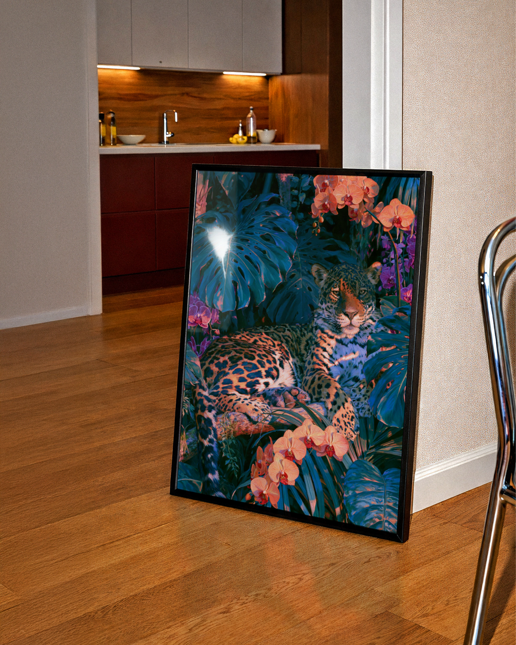 Jaguar Orange Orchids Tropical Jungle Poster, Wild Cat Art Print
