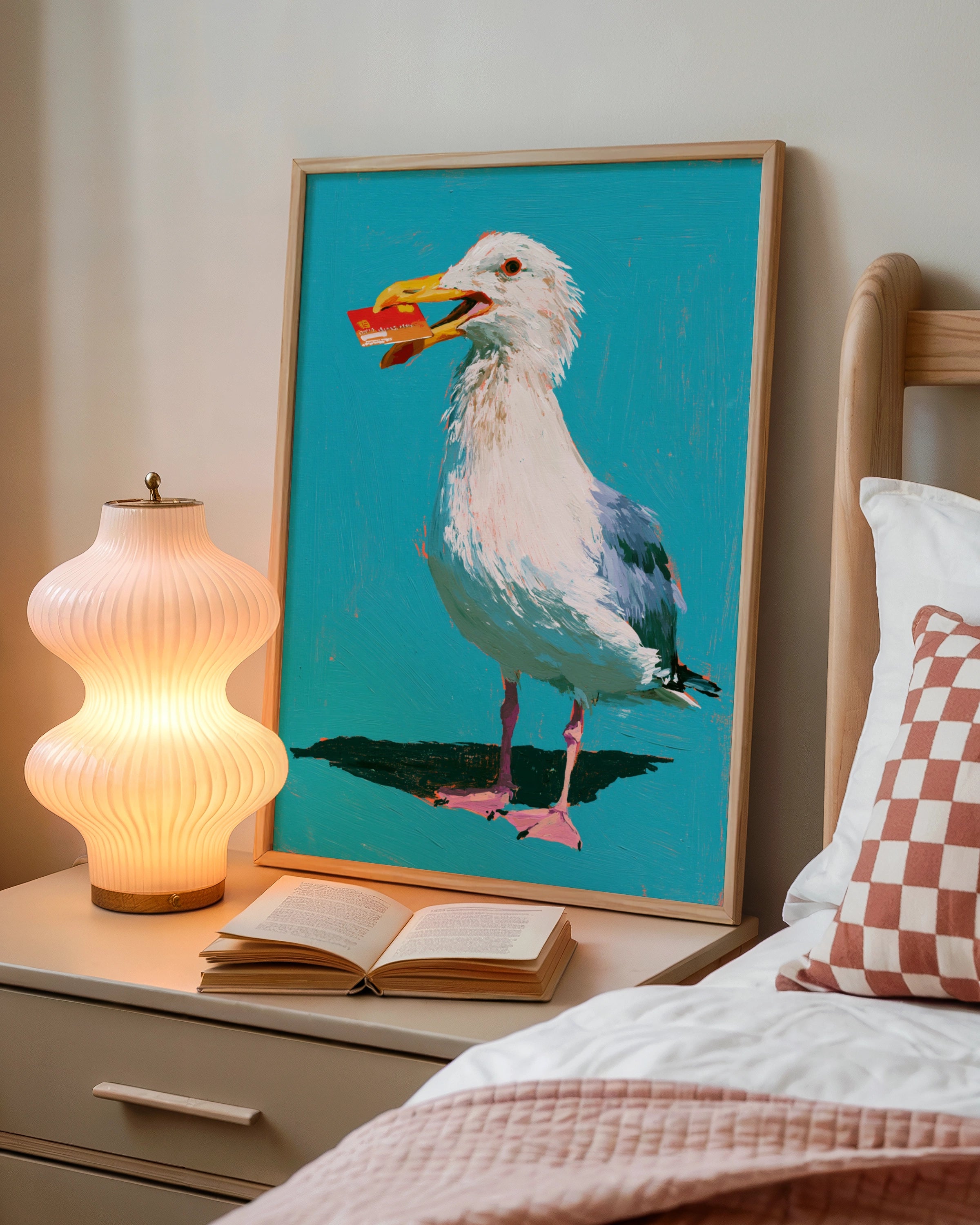 Seagull Stealing Credit Card Poster, Funny Coastal Bird Art Print, Teal