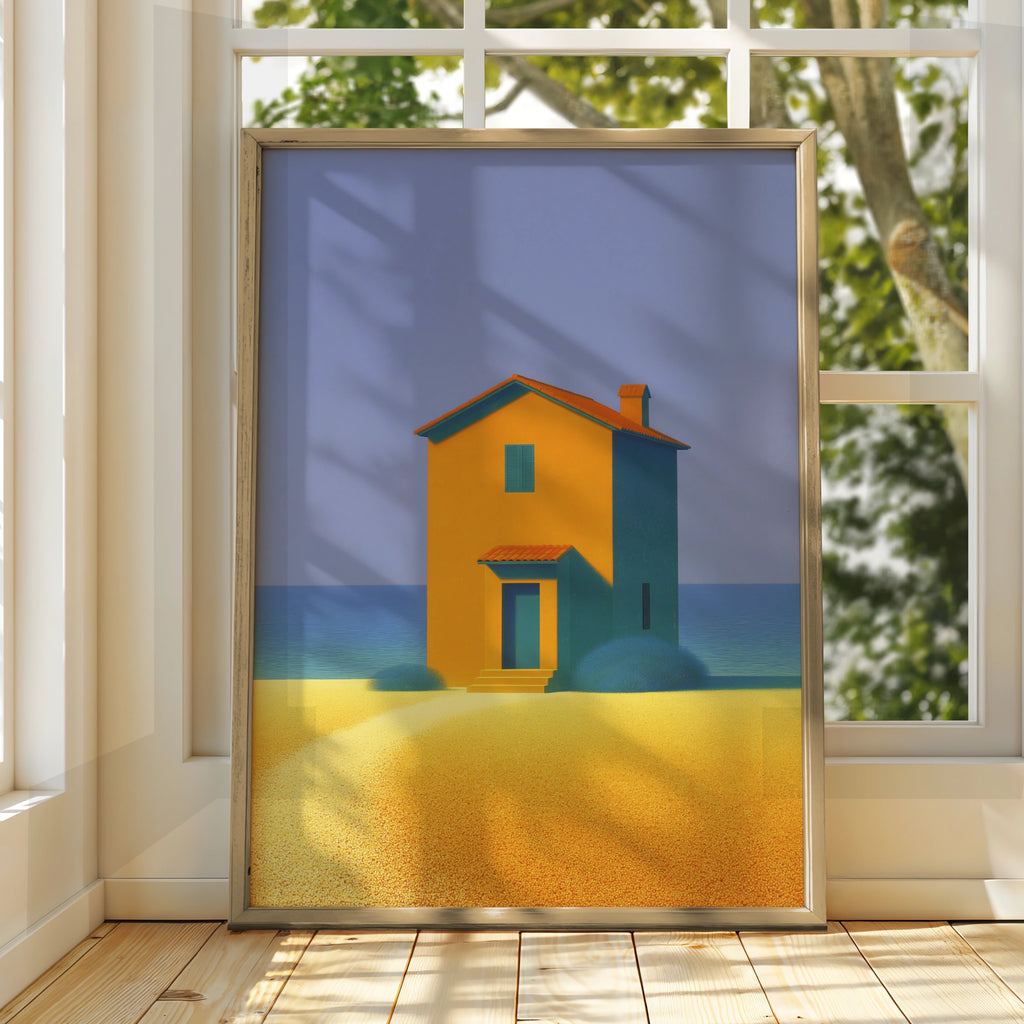 Beach House Abstract Art Print, Coastal Minimalist Poster, Orange Teal Blue