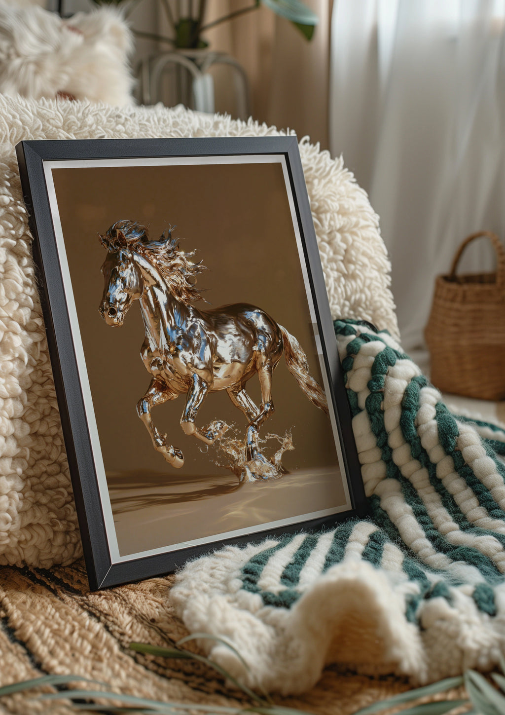 Chrome Horse Poster, Metallic Running Horse Wall Art, Modern Digital Print
