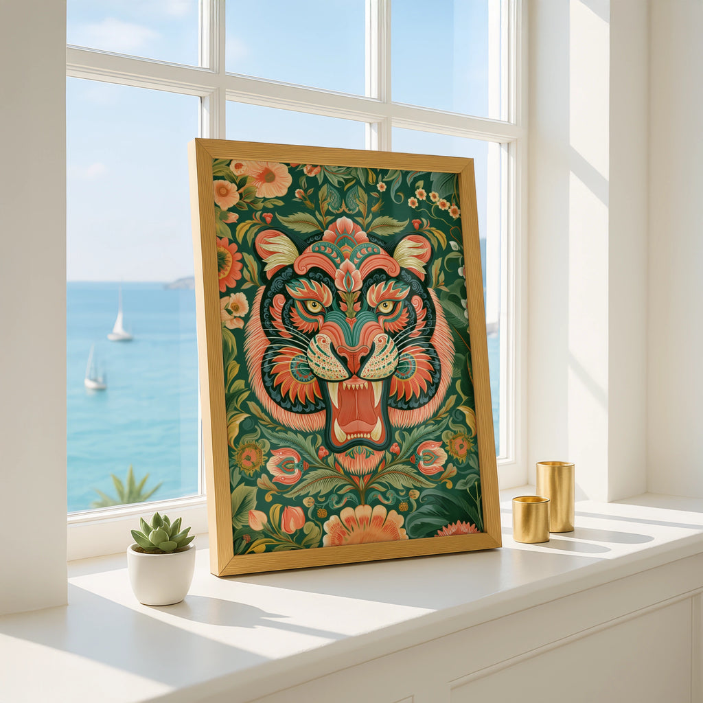 Tiger Asian Floral Pattern Poster, Ornate Folk Art Print, Botanical Wall Art
