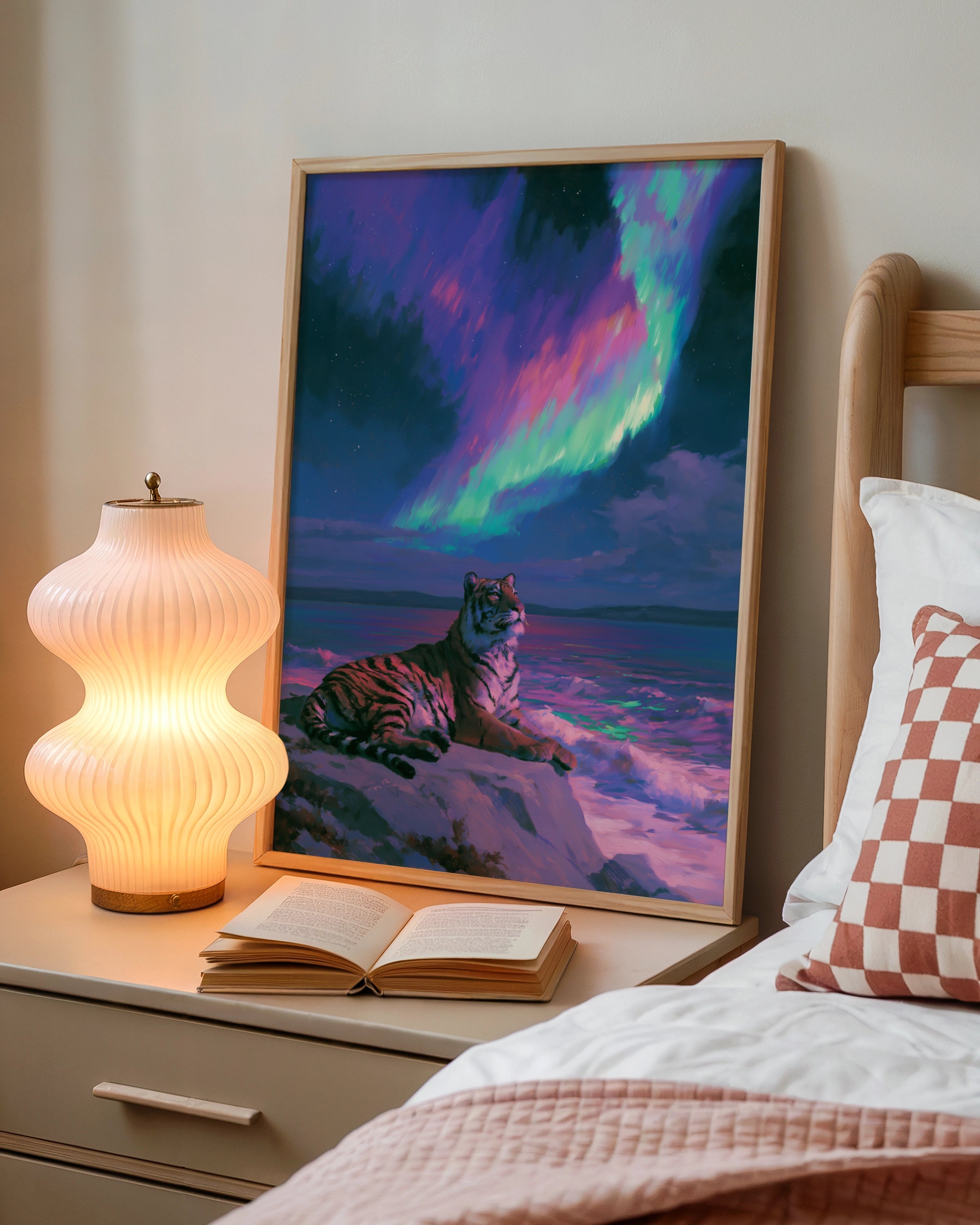 Tiger Aurora Borealis Poster, Northern Lights Wildlife Art Print, Vivid Night Sky