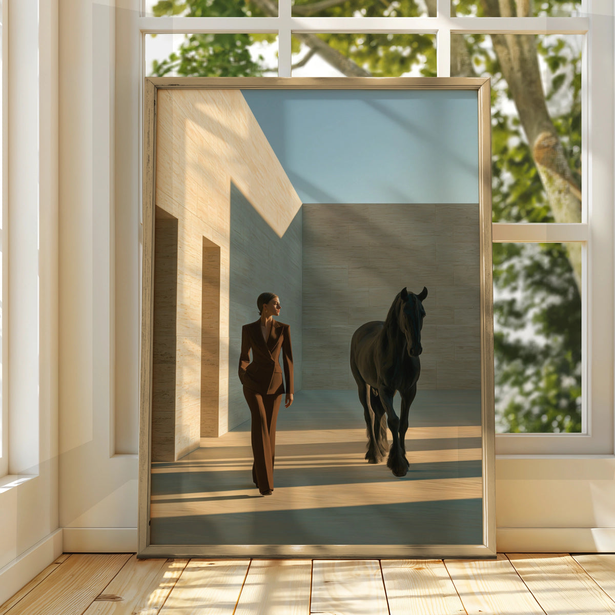 Woman Black Stallion Minimalist Poster, Elegant Horse Art Print, Modern Wall Art