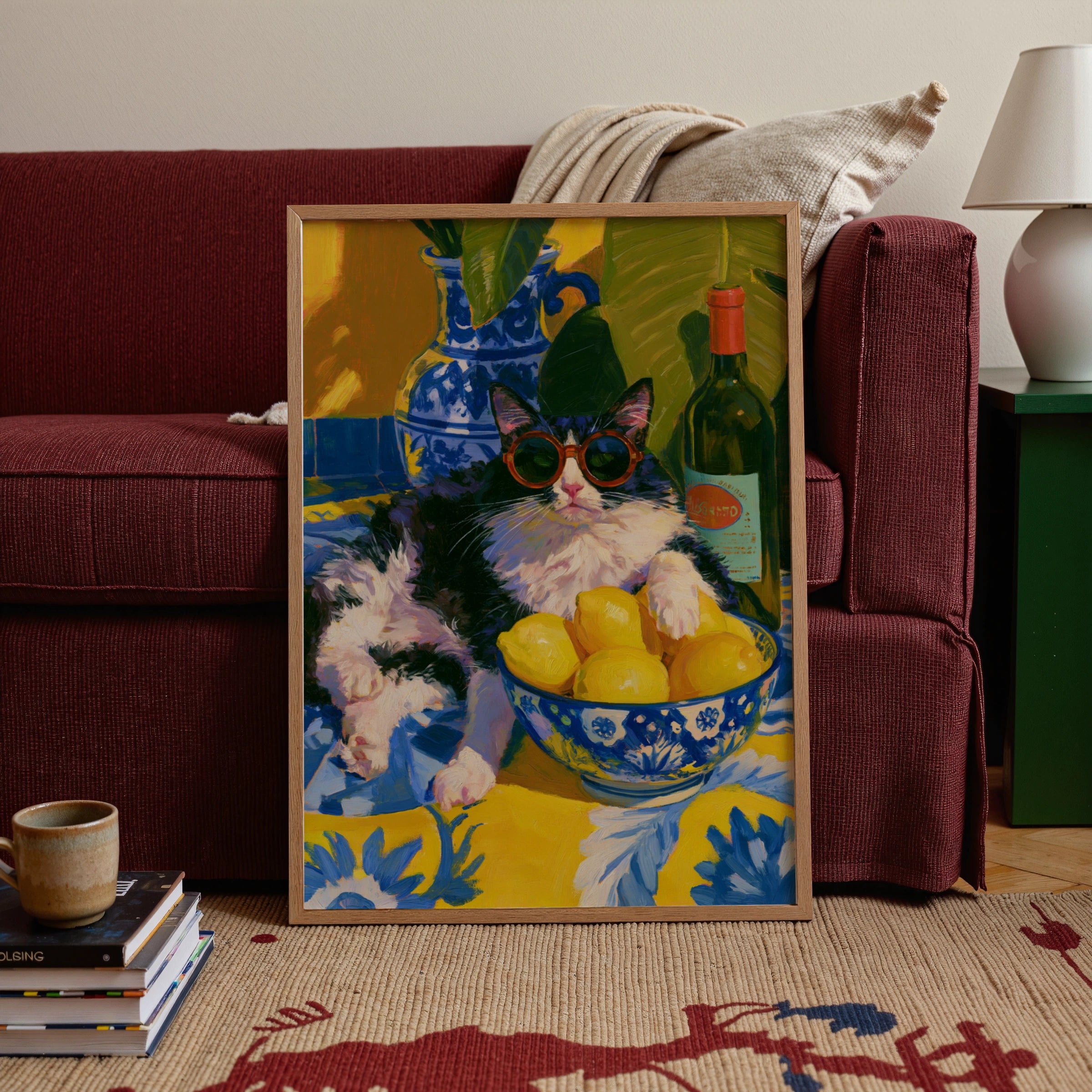 Cat with Sunglasses Lemon Bowl Poster, Mediterranean Still Life Wall Art Print