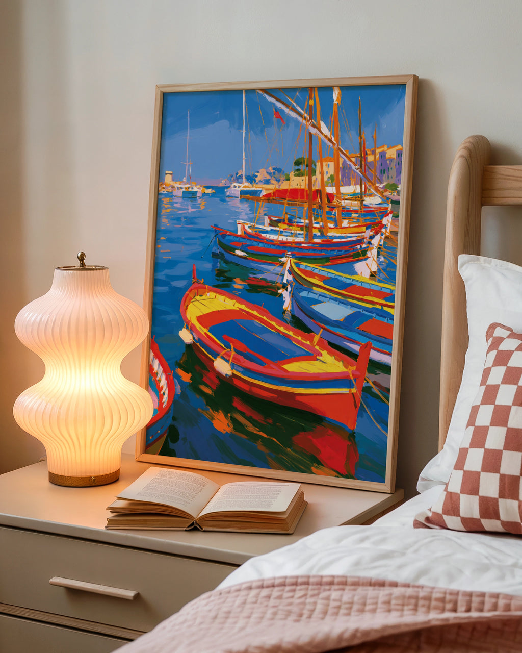 Colourful Boats Harbour Poster, Mediterranean Sailing Art Print, Bold Coastal Wall Art