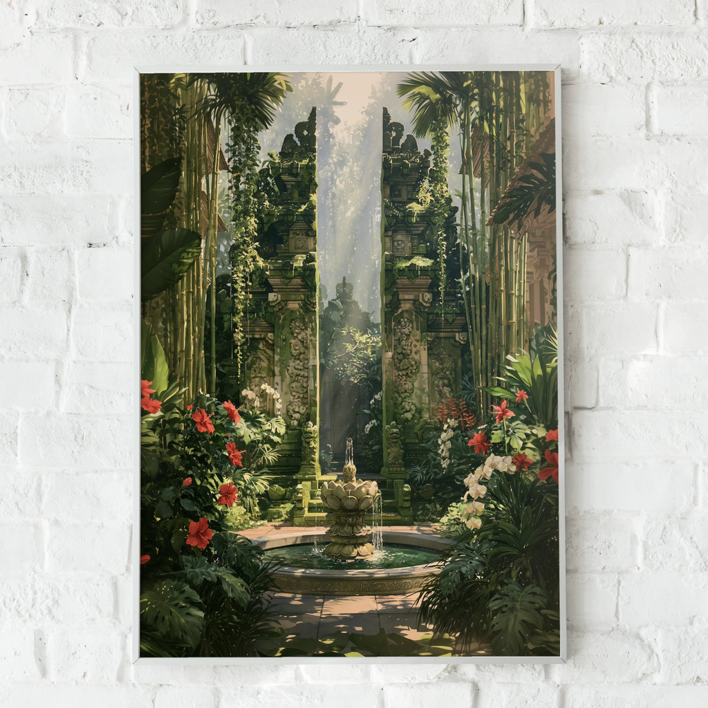 Balinese Candi Bentar Temple Gate Poster, Tropical Garden Wall Art Print