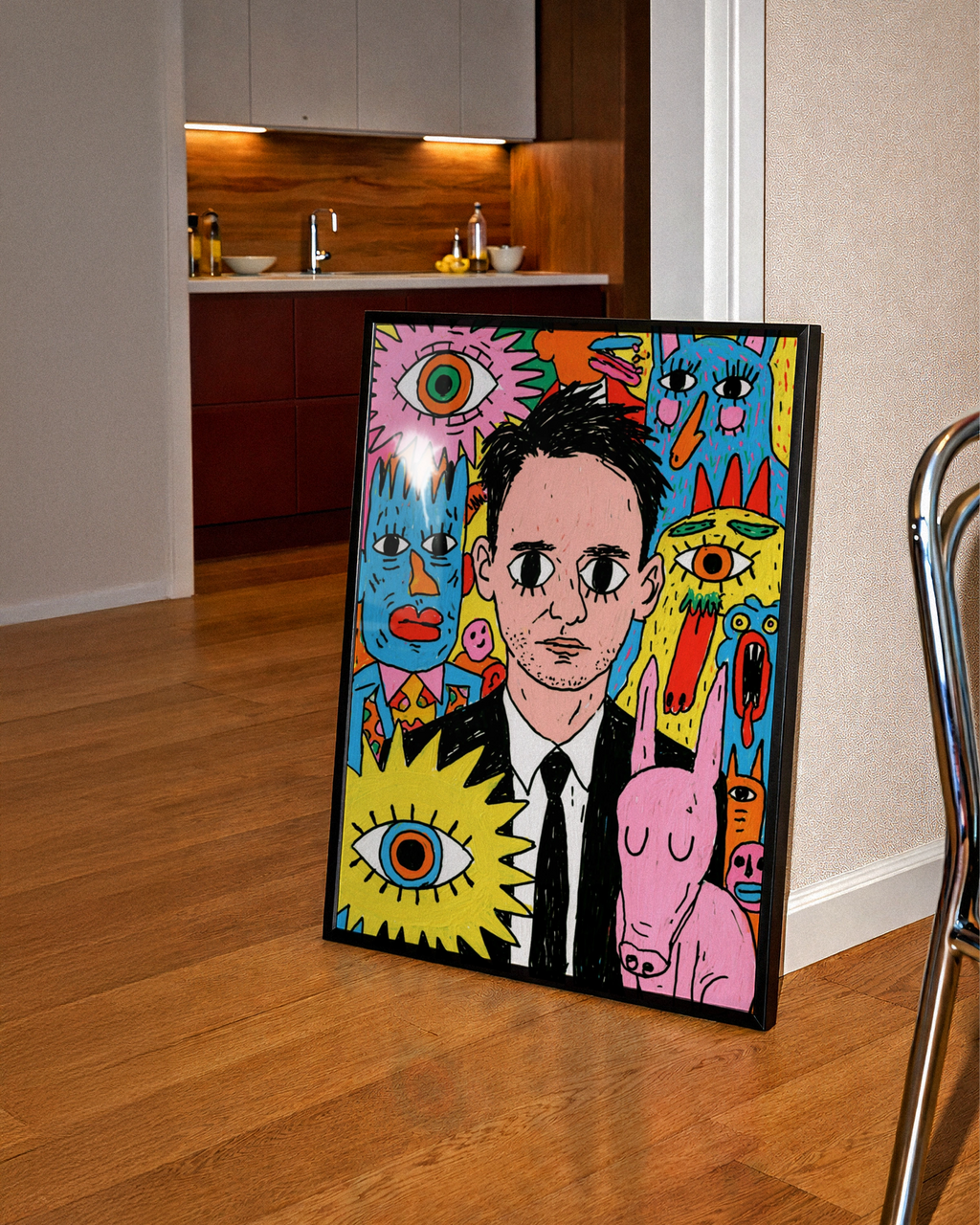Psychedelic Portrait Drawing Poster, Surreal Monsters, Bold Colourful Wall Art