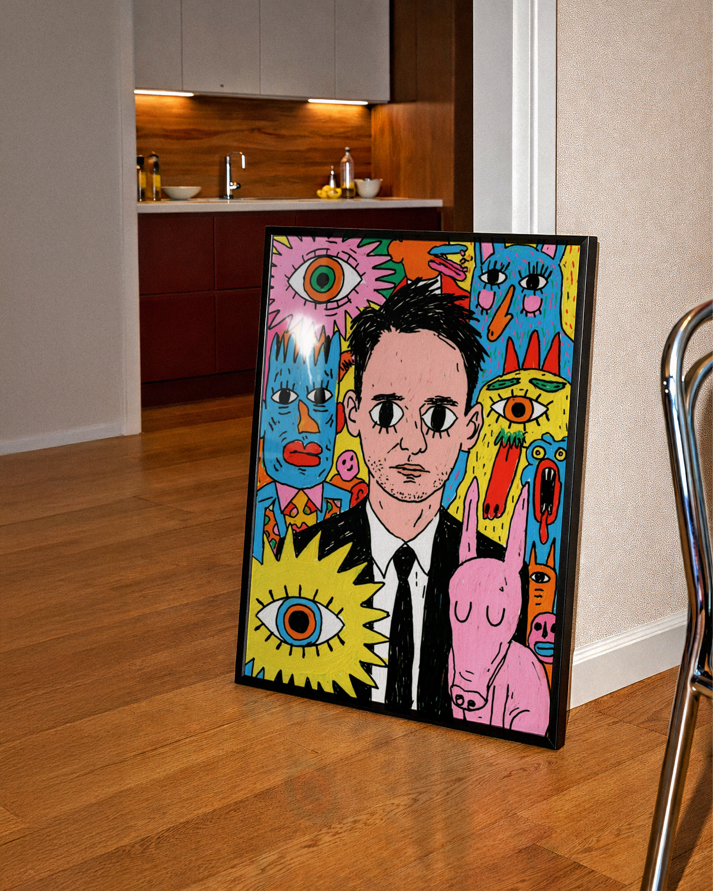 Psychedelic Portrait Drawing Poster, Surreal Monsters, Bold Colourful Wall Art