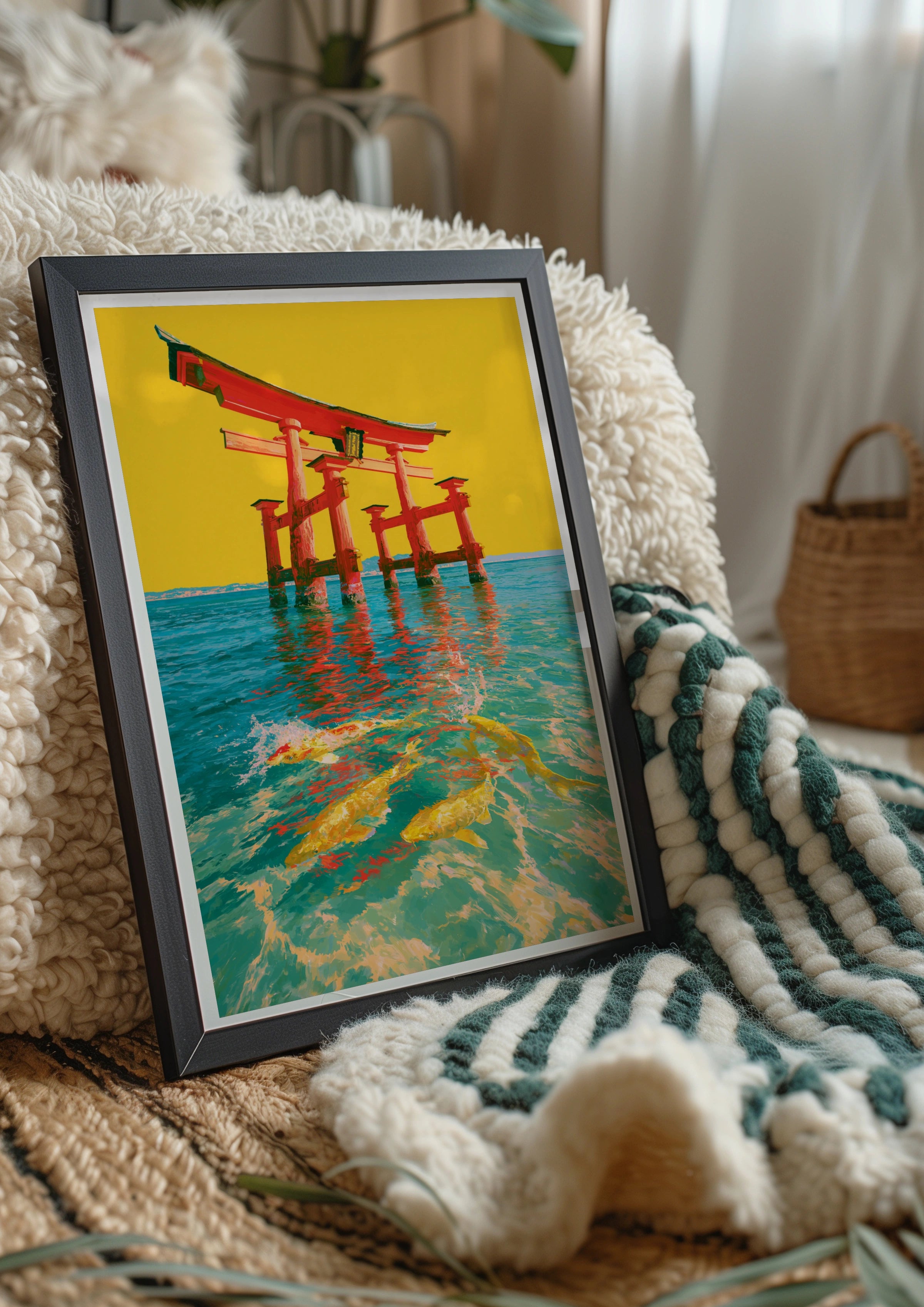Japanese Torii Gate Koi Fish Poster, Red Gate Yellow Water Art Print