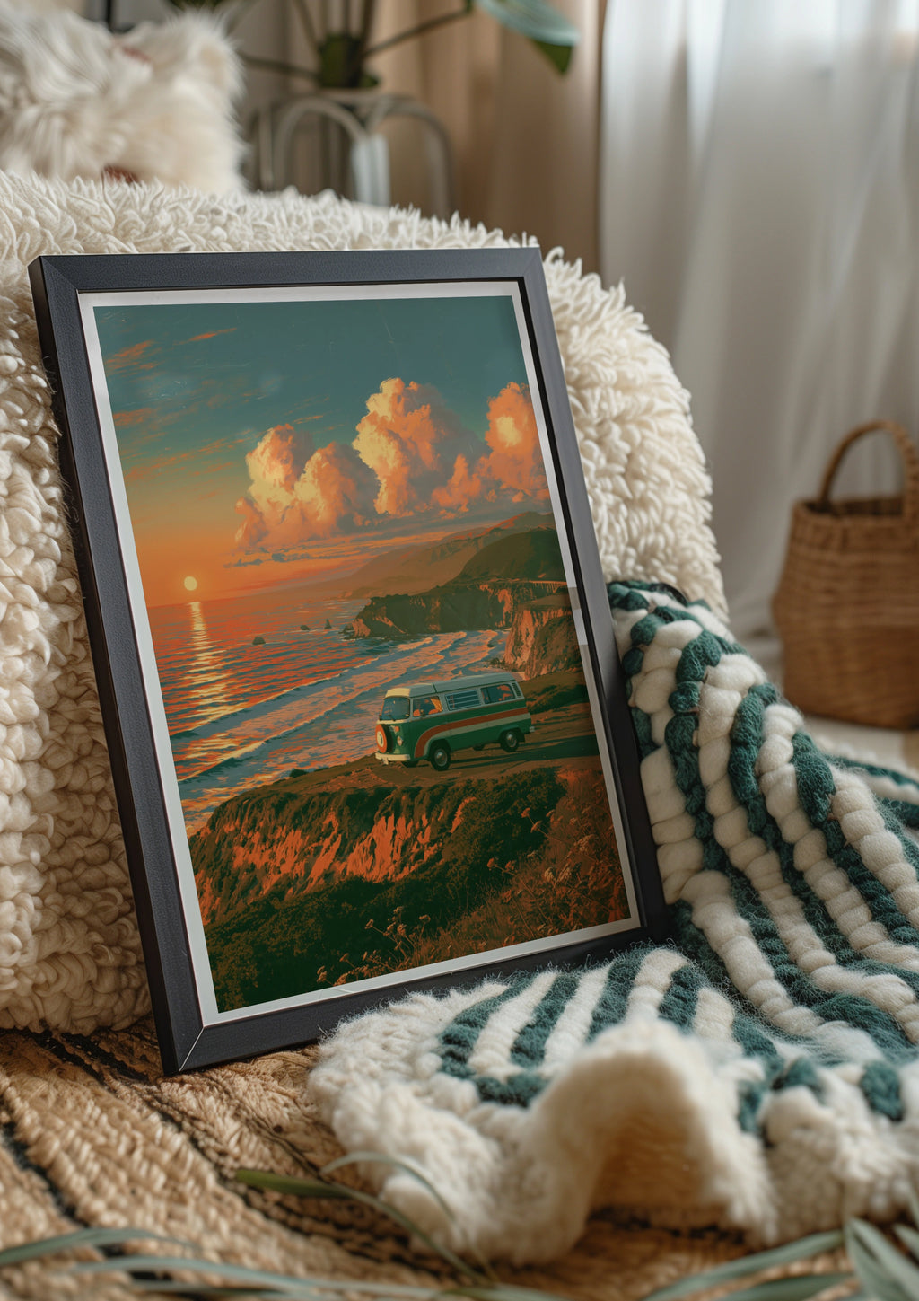 Retro Camper Van Coastal Sunset Poster, Sea Cliffs Wall Art Print