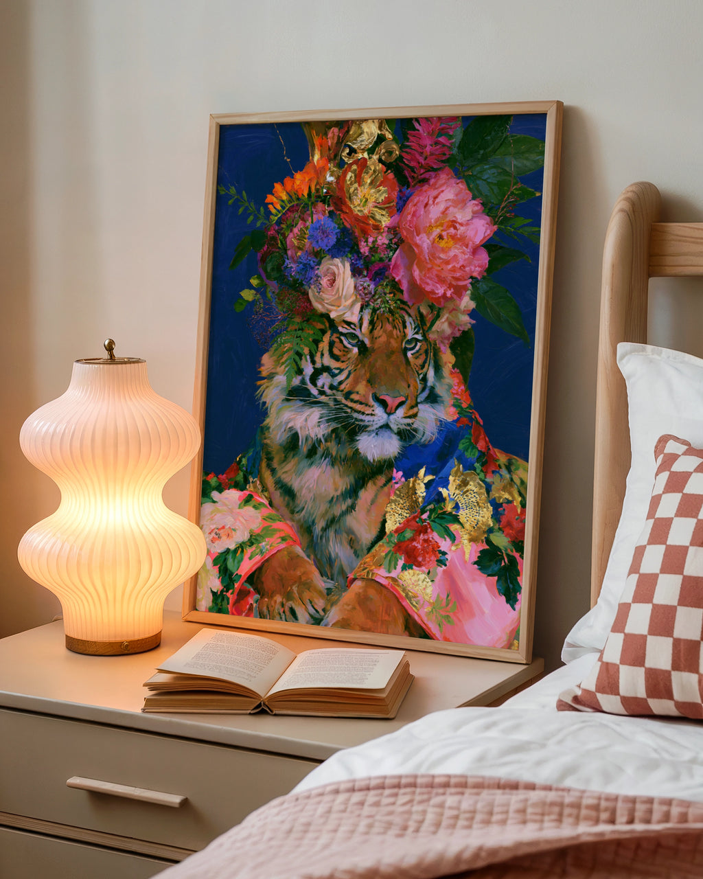 Tiger Floral Crown Poster, Bold Botanical Animal Art Print, Maximalist Wall Art