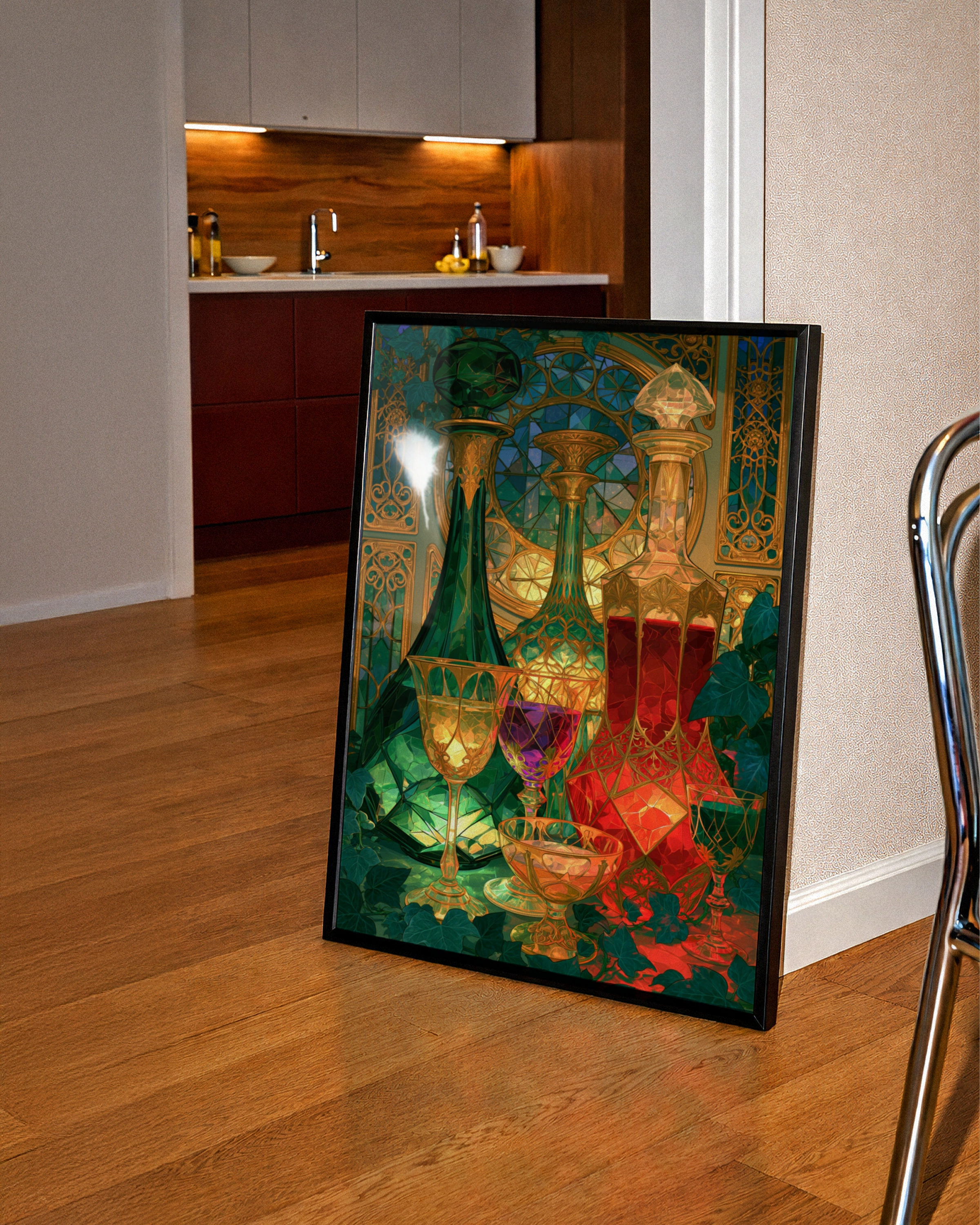 Art Nouveau Glass Decanters Still Life Poster, Jewel Tones, Ornate Gold