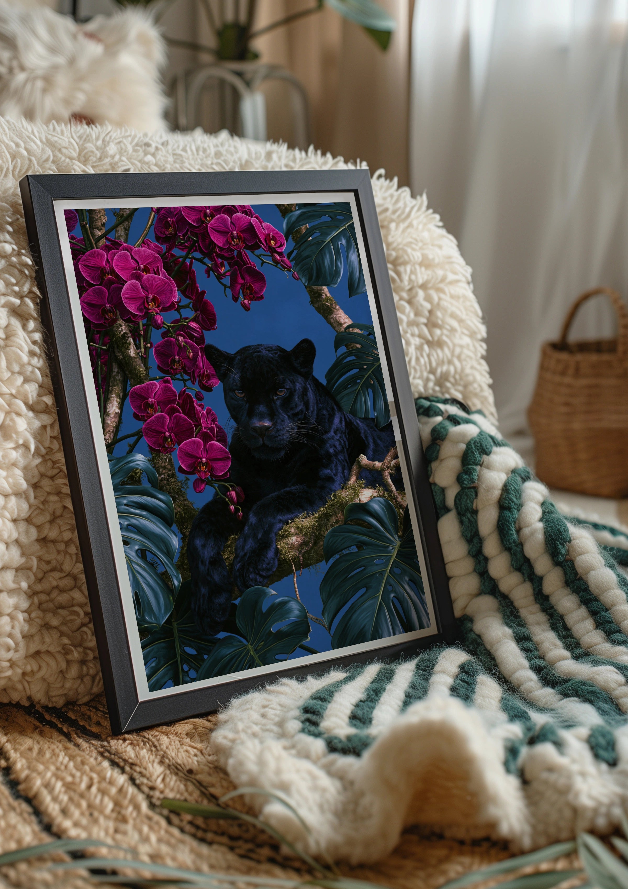 Black Panther Orchids Monstera Poster, Tropical Jungle Wall Art Print