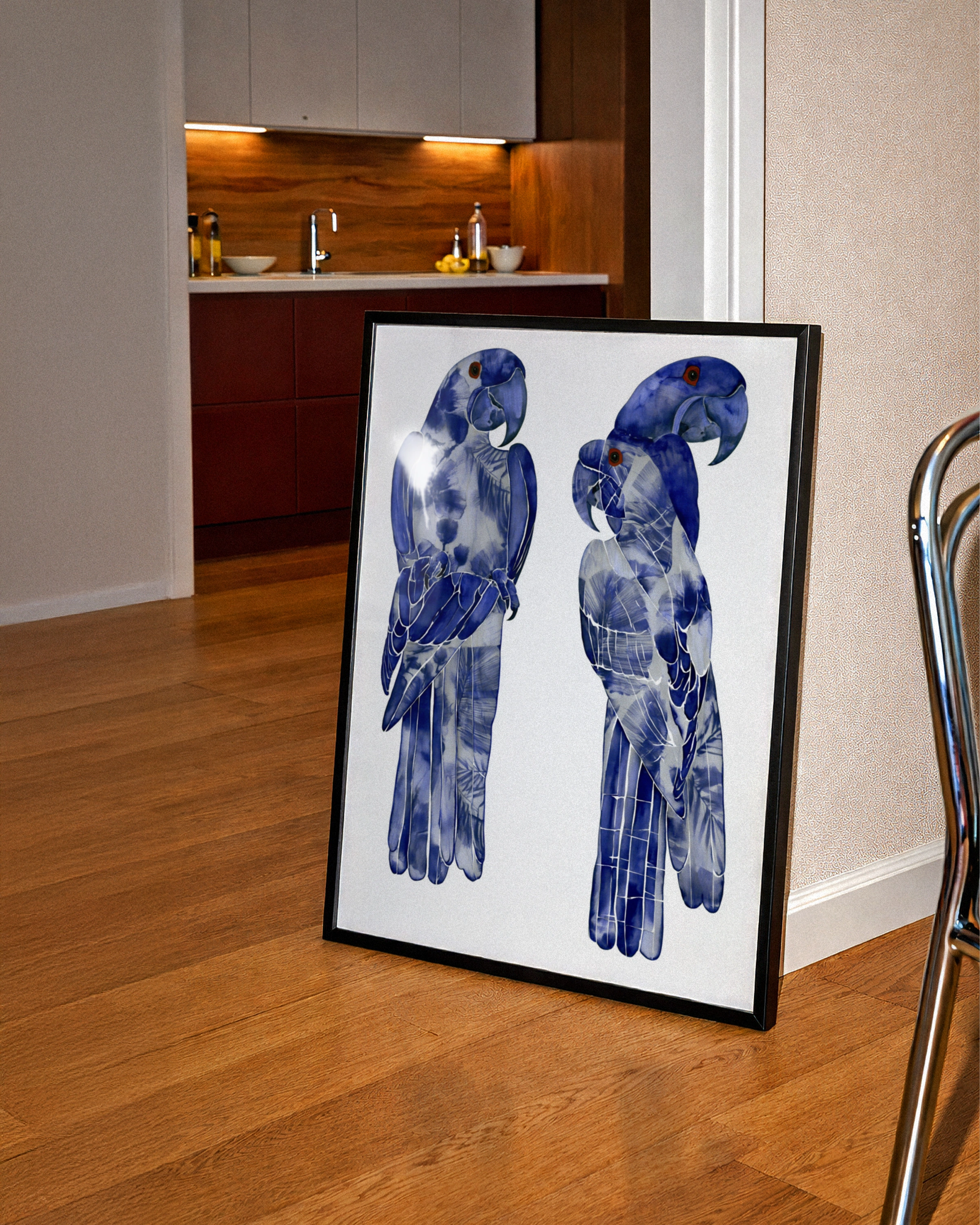 Blue Macaw Parrot Pair Poster, Indigo Tropical Bird Wall Art Print