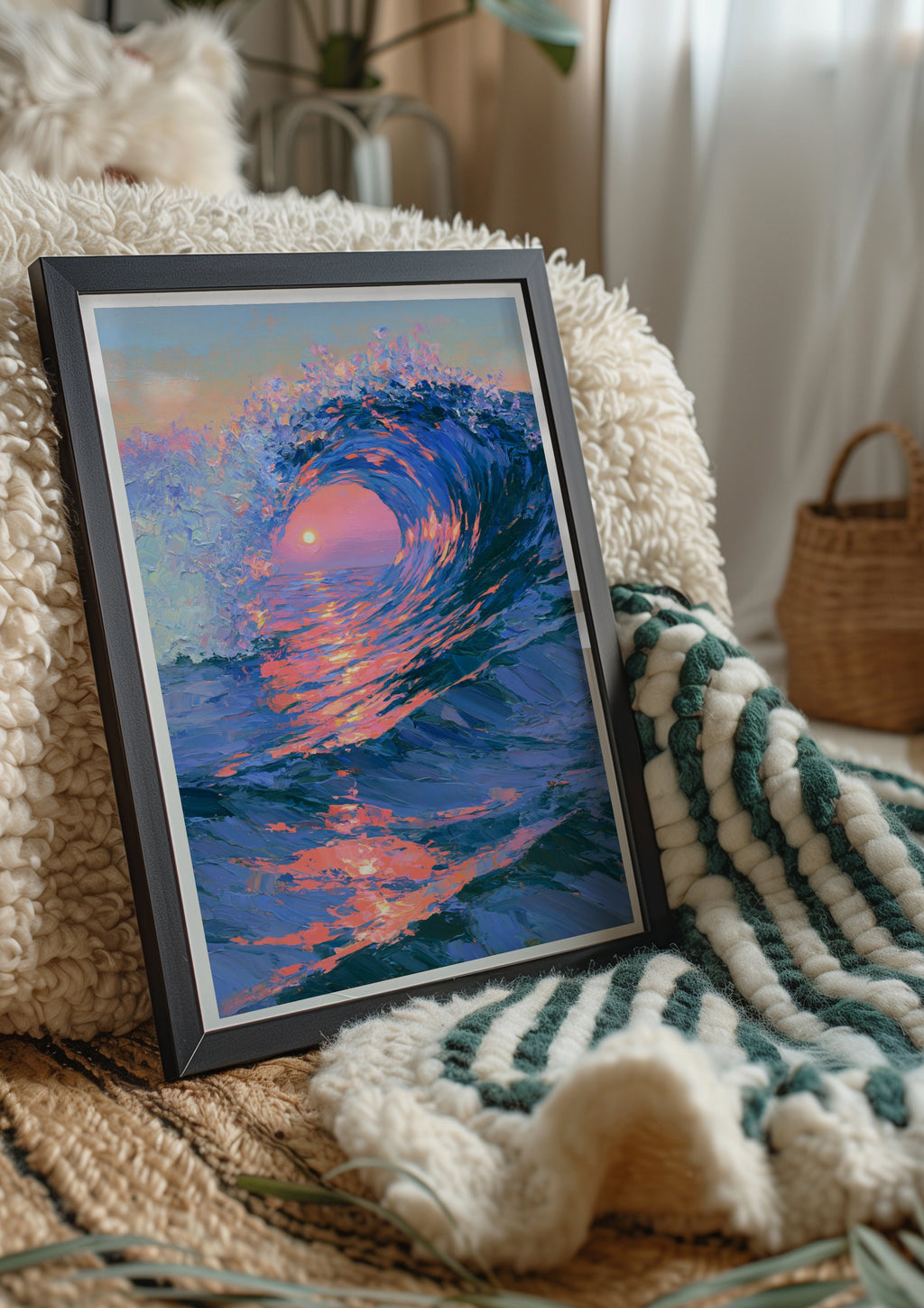 Ocean Wave Sunset Poster, Impressionist Sea Art Print, Blue Pink Wall Art