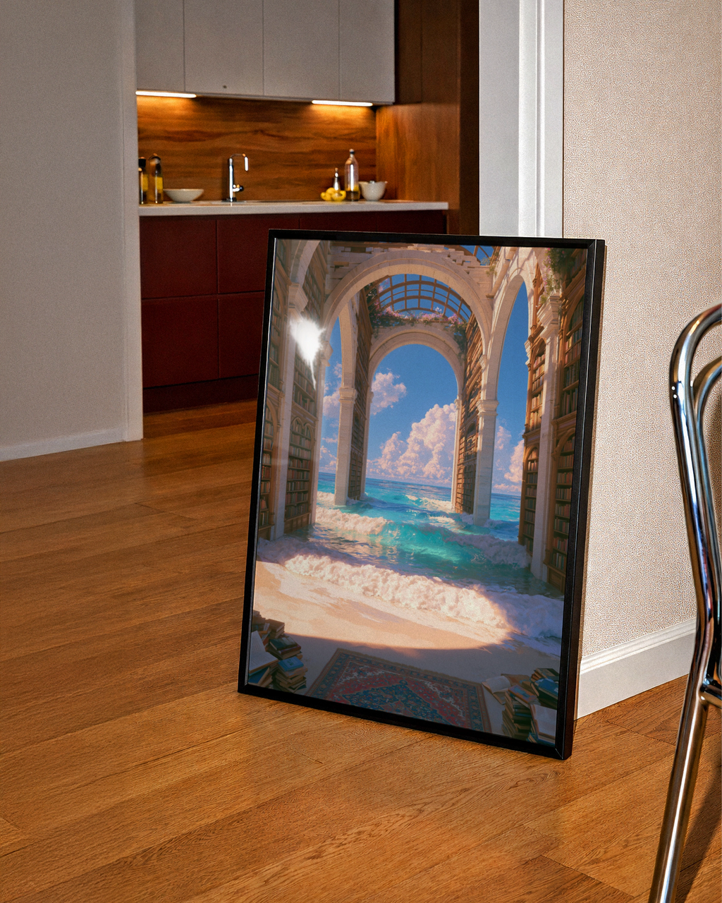 Library Ocean Fantasy Poster, Surreal Bookshelf Sea Arch Print, Dreamy Wall Art