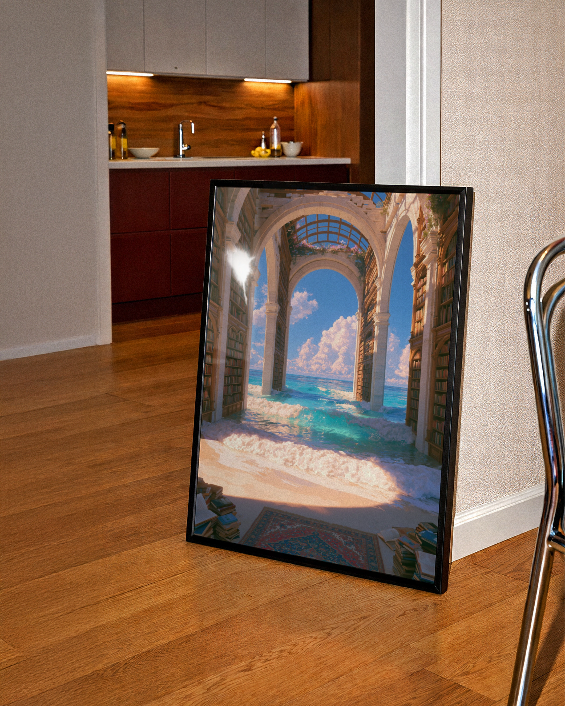 Library Ocean Fantasy Poster, Surreal Bookshelf Sea Arch Print, Dreamy Wall Art