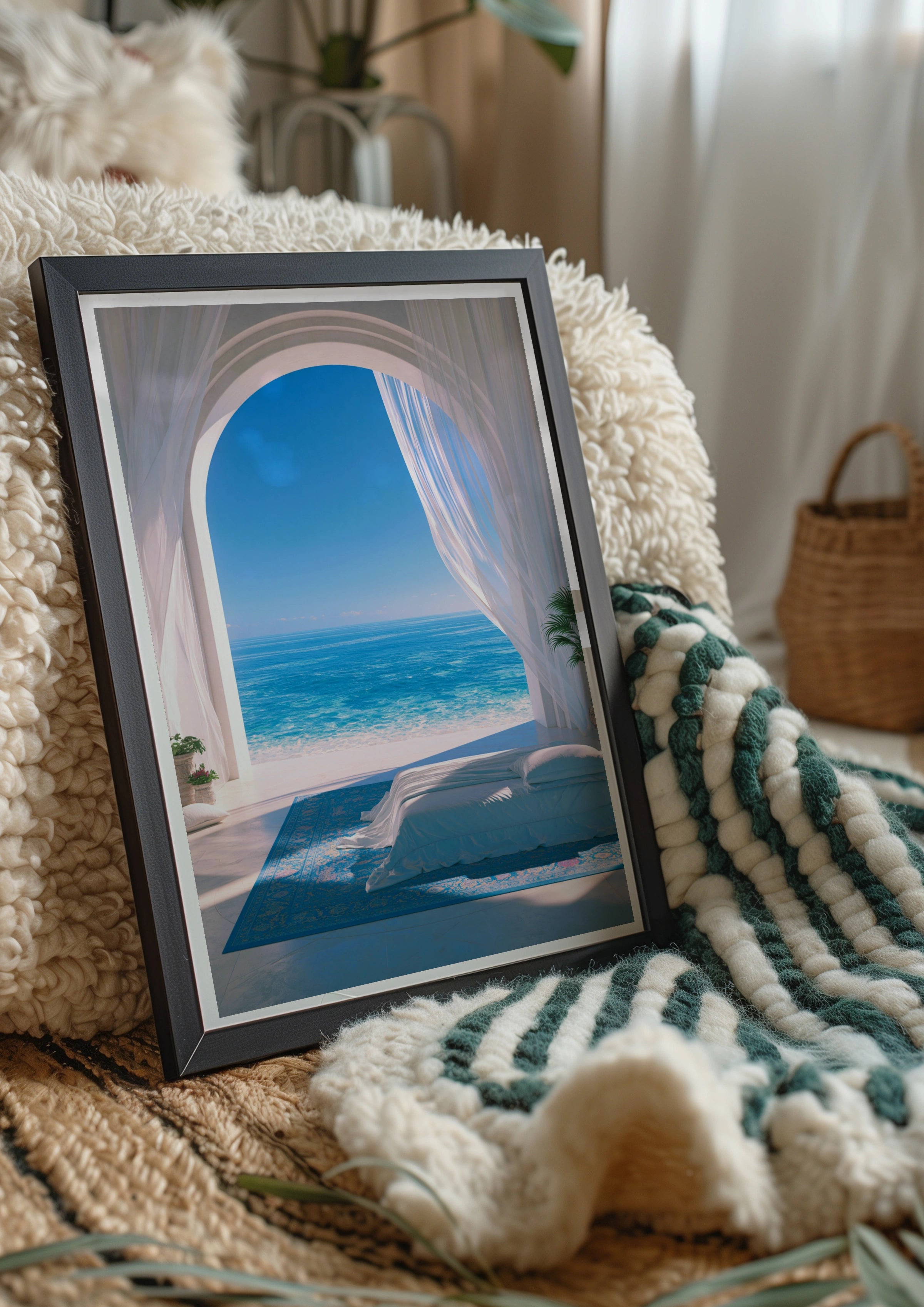 Sea View Bedroom Arch Curtain Poster, Mediterranean Ocean Wall Art Print