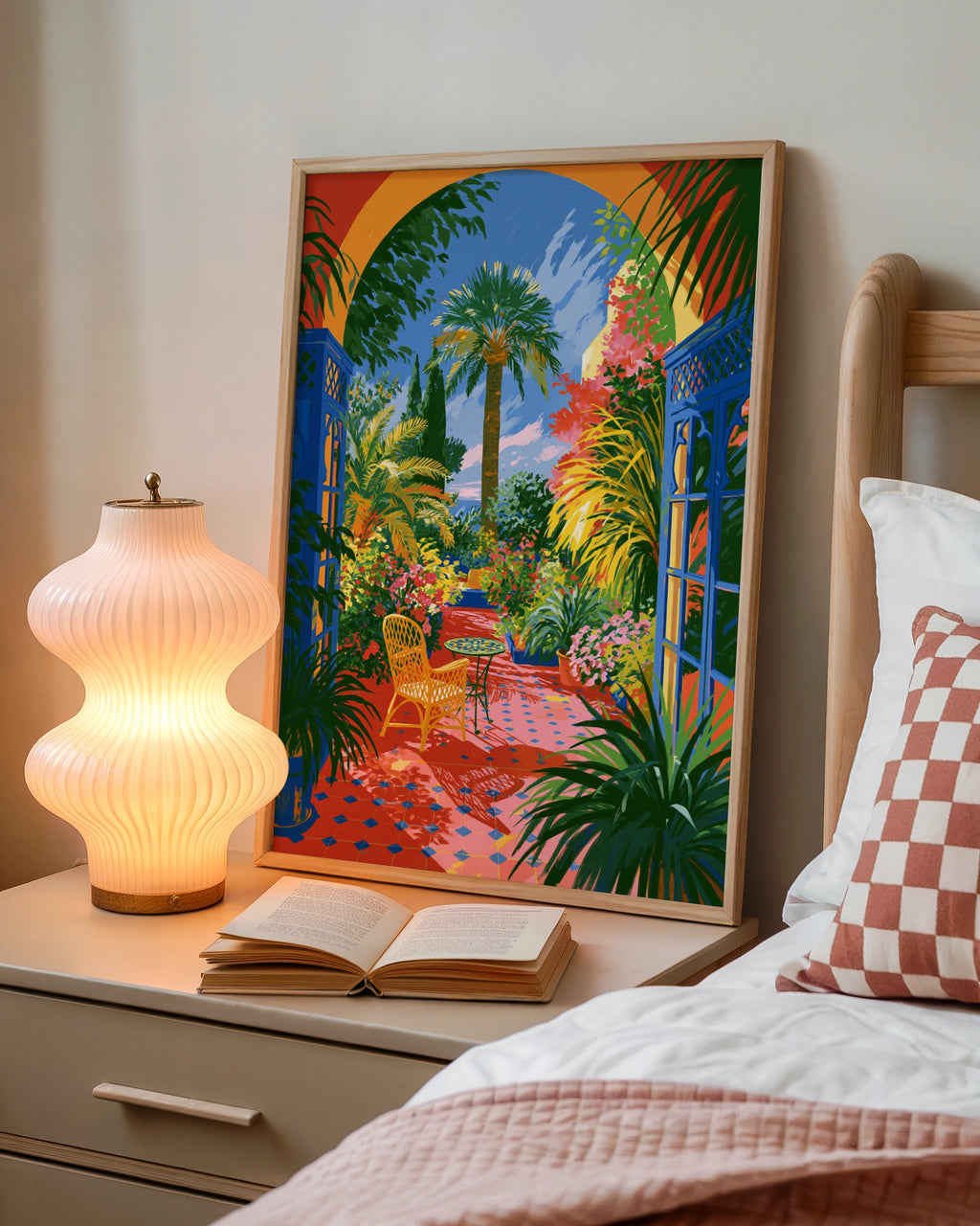 Courtyard Flowers Palms Poster, Moroccan Garden Wall Art, Colourful Botanical Print