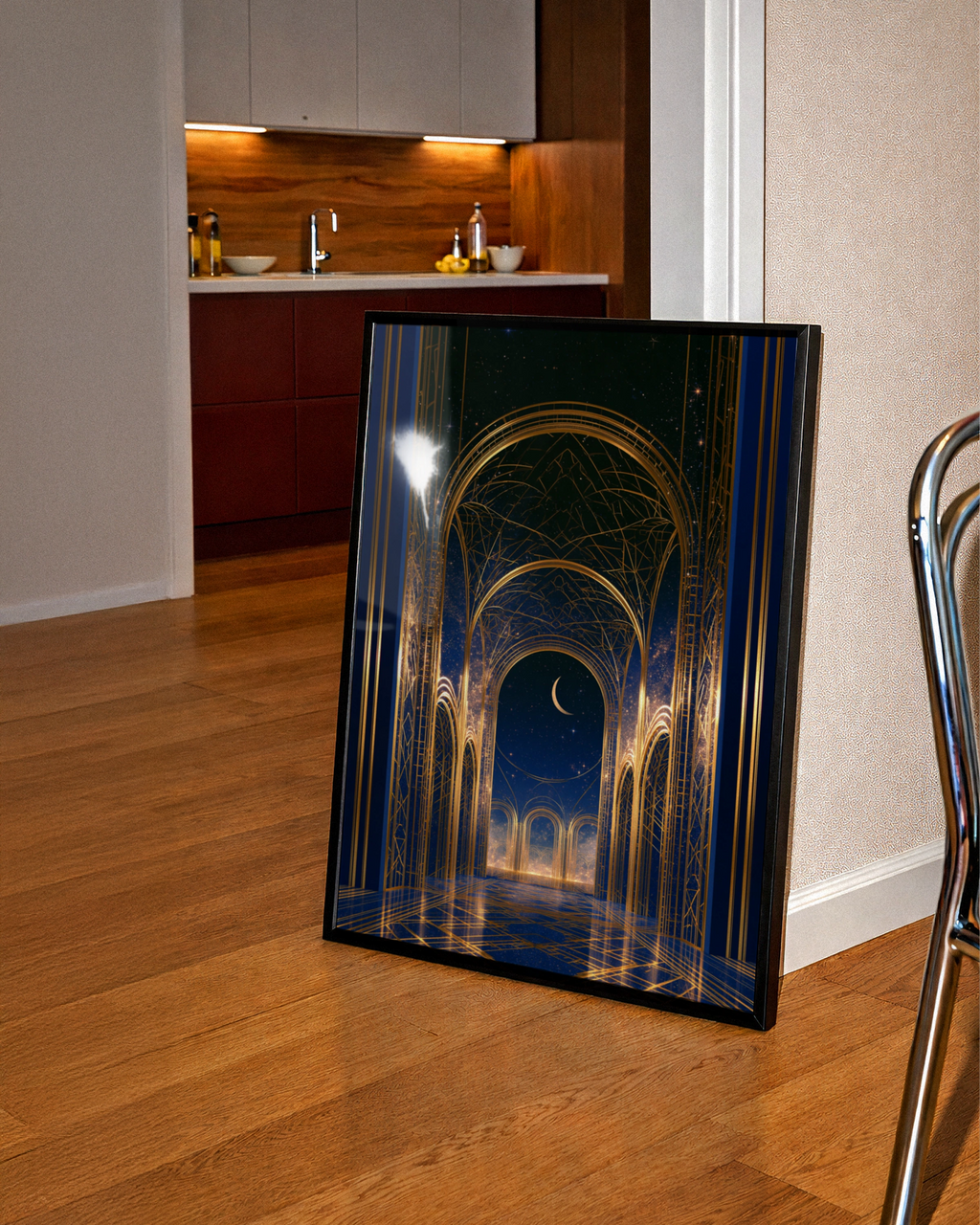 Temple Archway Night Sky Poster, Blue Gold Celestial Architecture Print, Art Deco