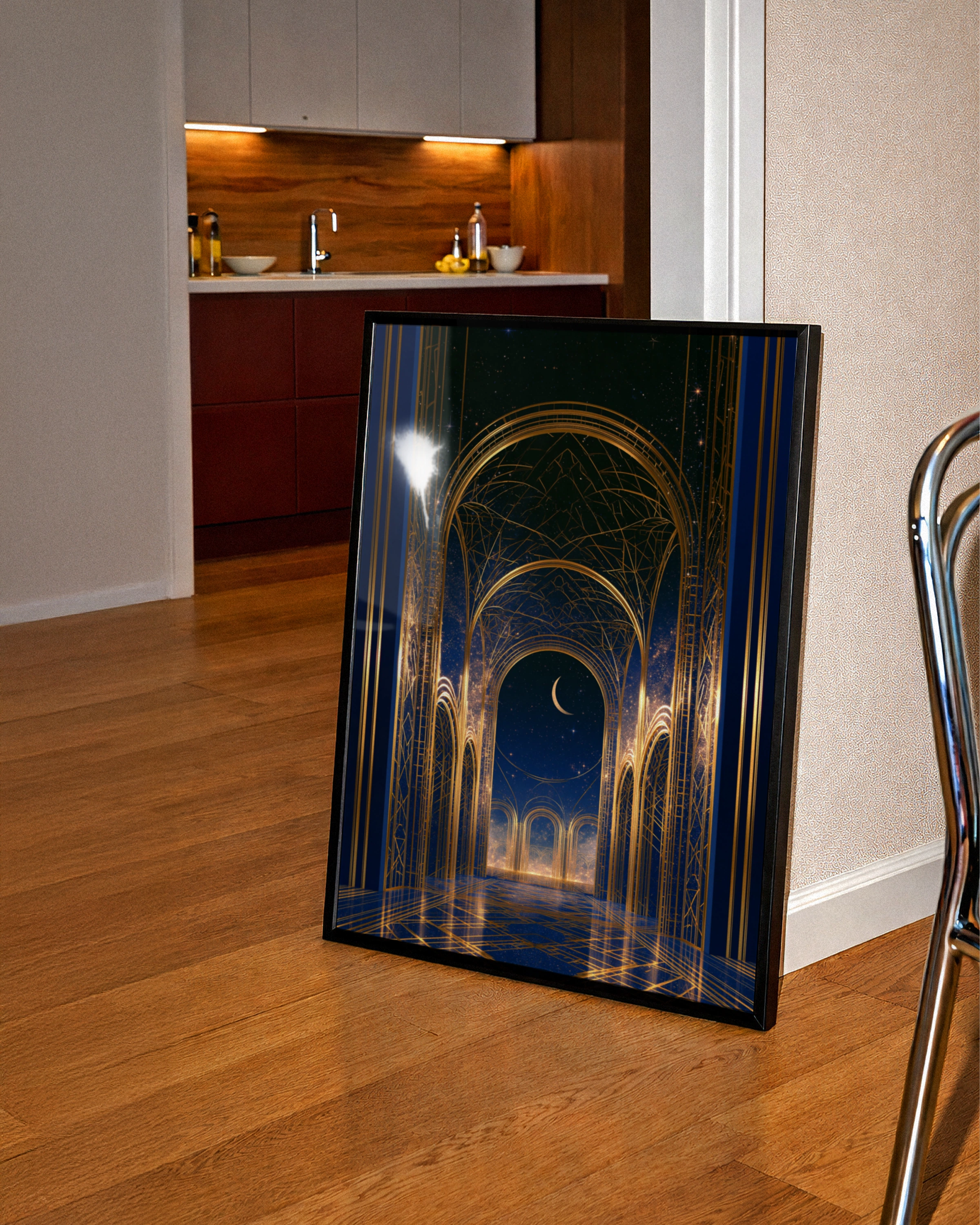 Temple Archway Night Sky Poster, Blue Gold Celestial Architecture Print, Art Deco