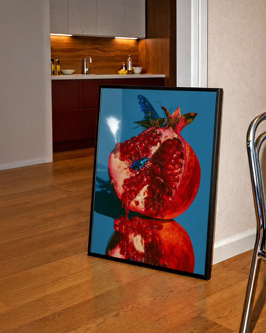Pomegranate Beetles Wall Art Poster, Bold Red Blue Nature Print