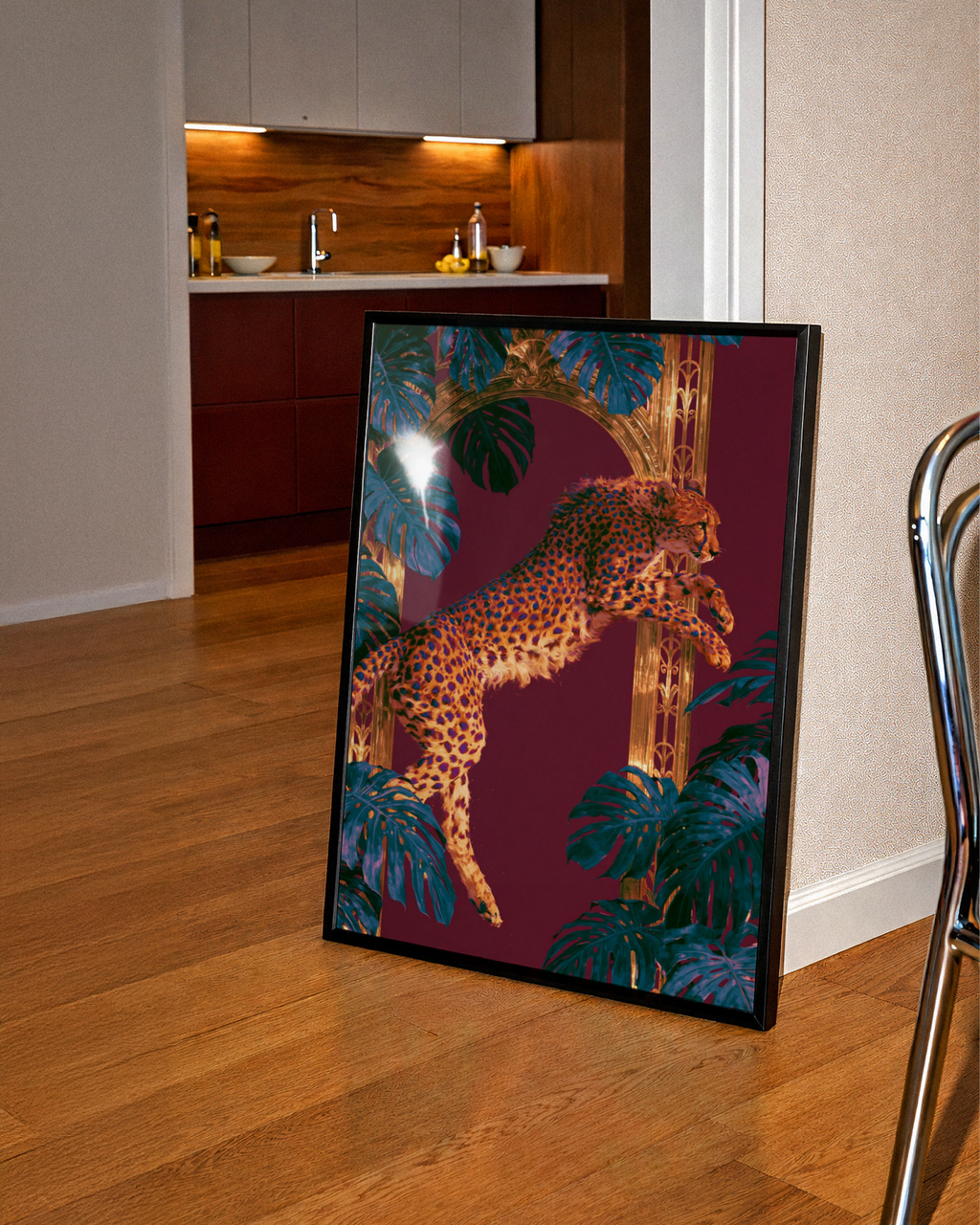 Leaping Cheetah Poster, Art Deco Jungle Wall Art, Bold Maximalist Print