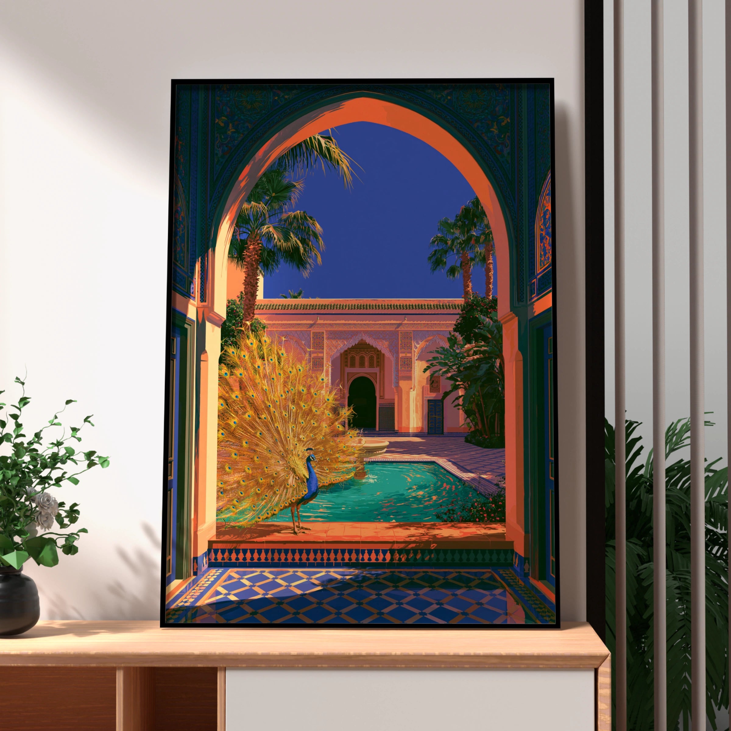 Peacock Moroccan Courtyard Poster, Marrakech Riad Pool Art Print, Vibrant