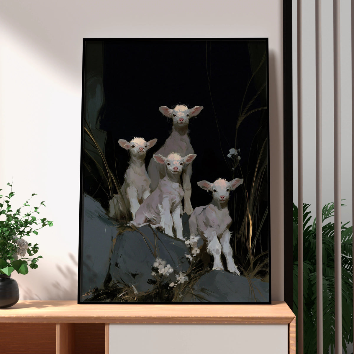 Lambs Wall Art Poster, Dark Background, Painterly Animal Print