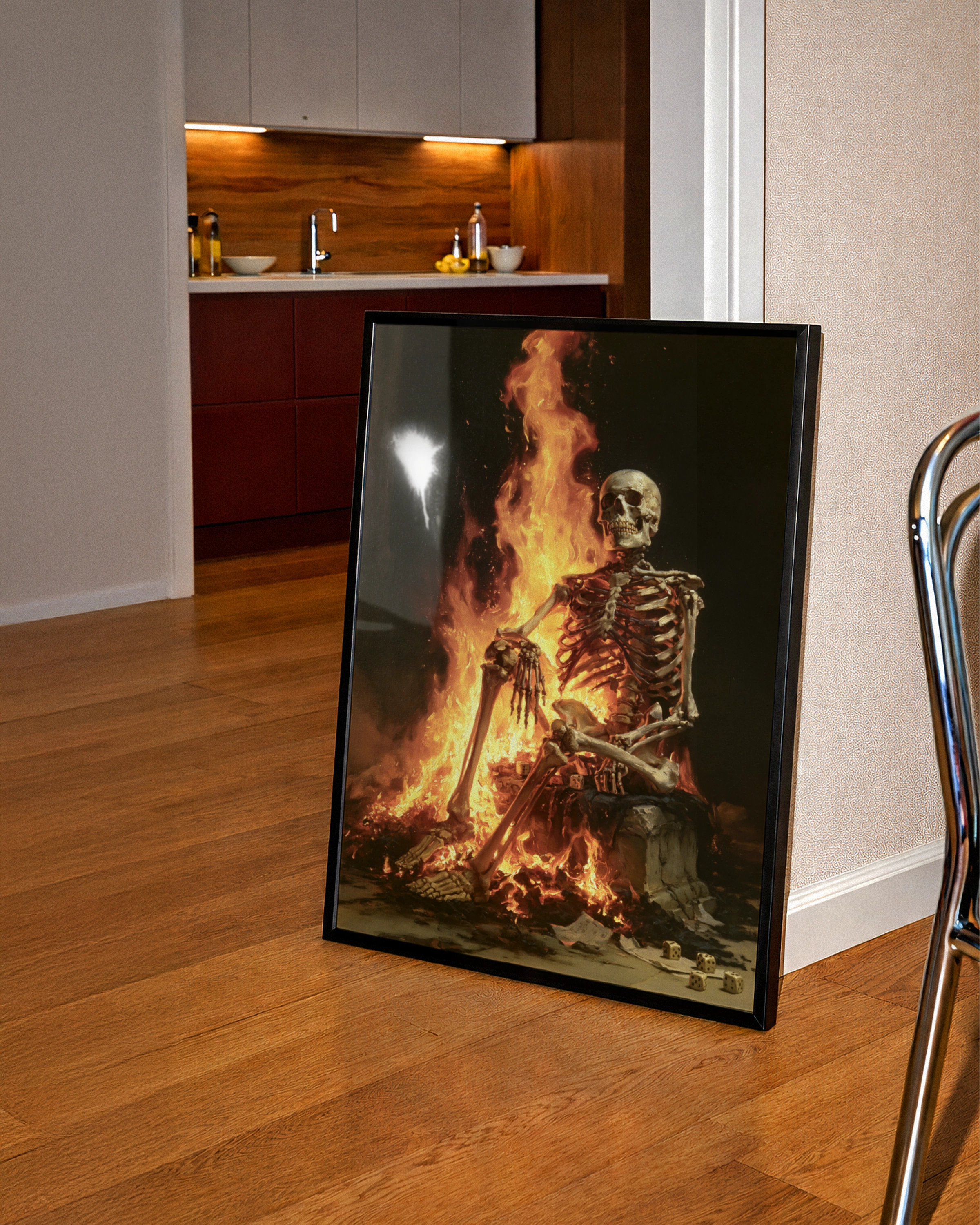Skeleton Fire Dice Poster, Dark Gothic Wall Art, Oil Painting Style Print