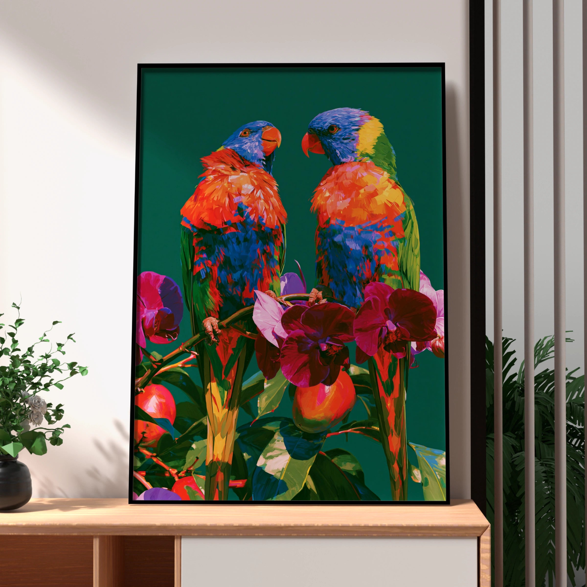 Rainbow Lorikeet Parrots Orchids Poster, Tropical Bird Wall Art Print