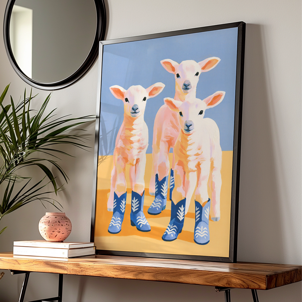 Lambs in Cowboy Boots Poster, Funny Sheep Wall Art, Quirky Animal Print